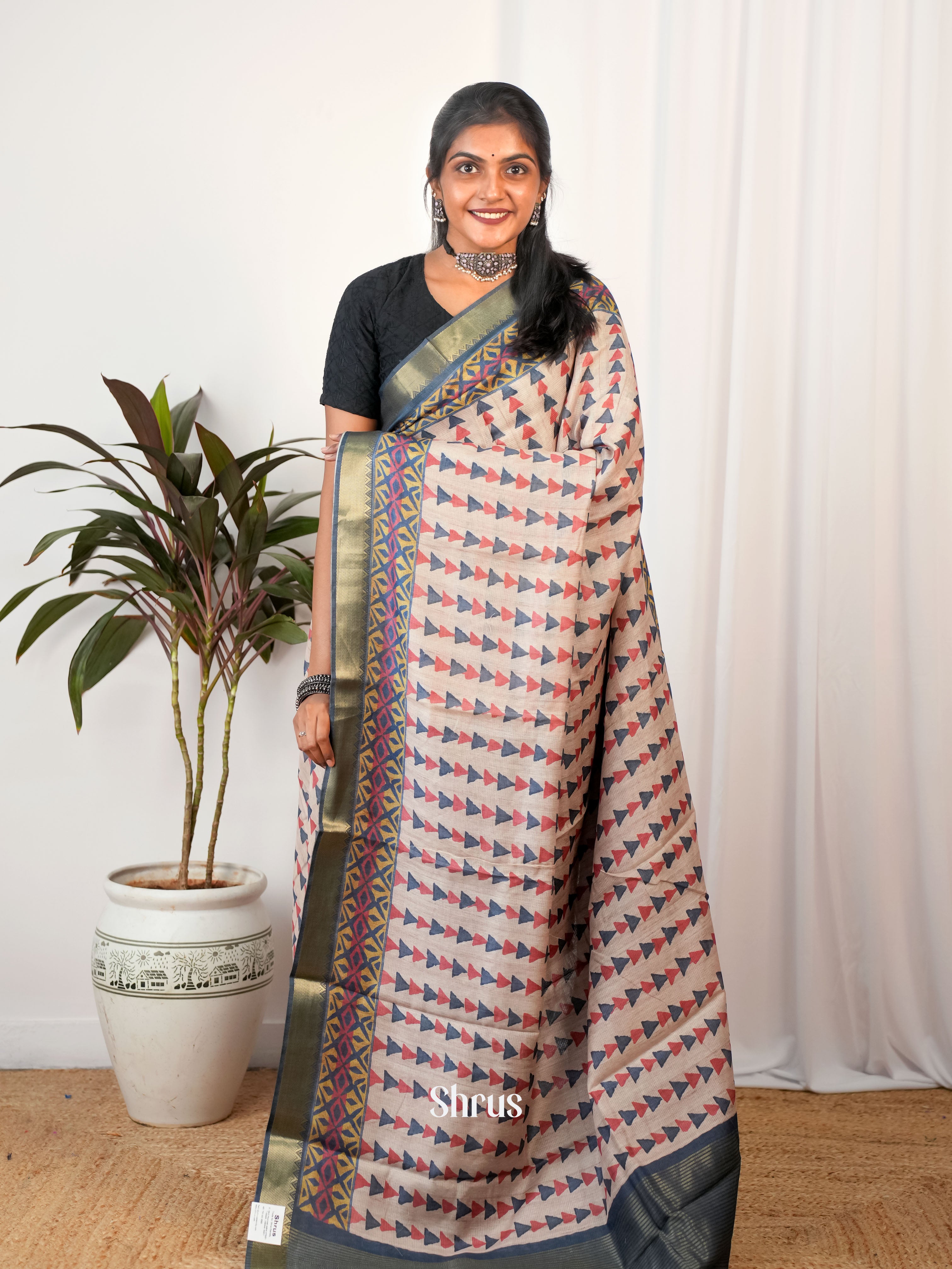 Pink & Blue - Semi Chanderi Saree - Shop on Shrus.com