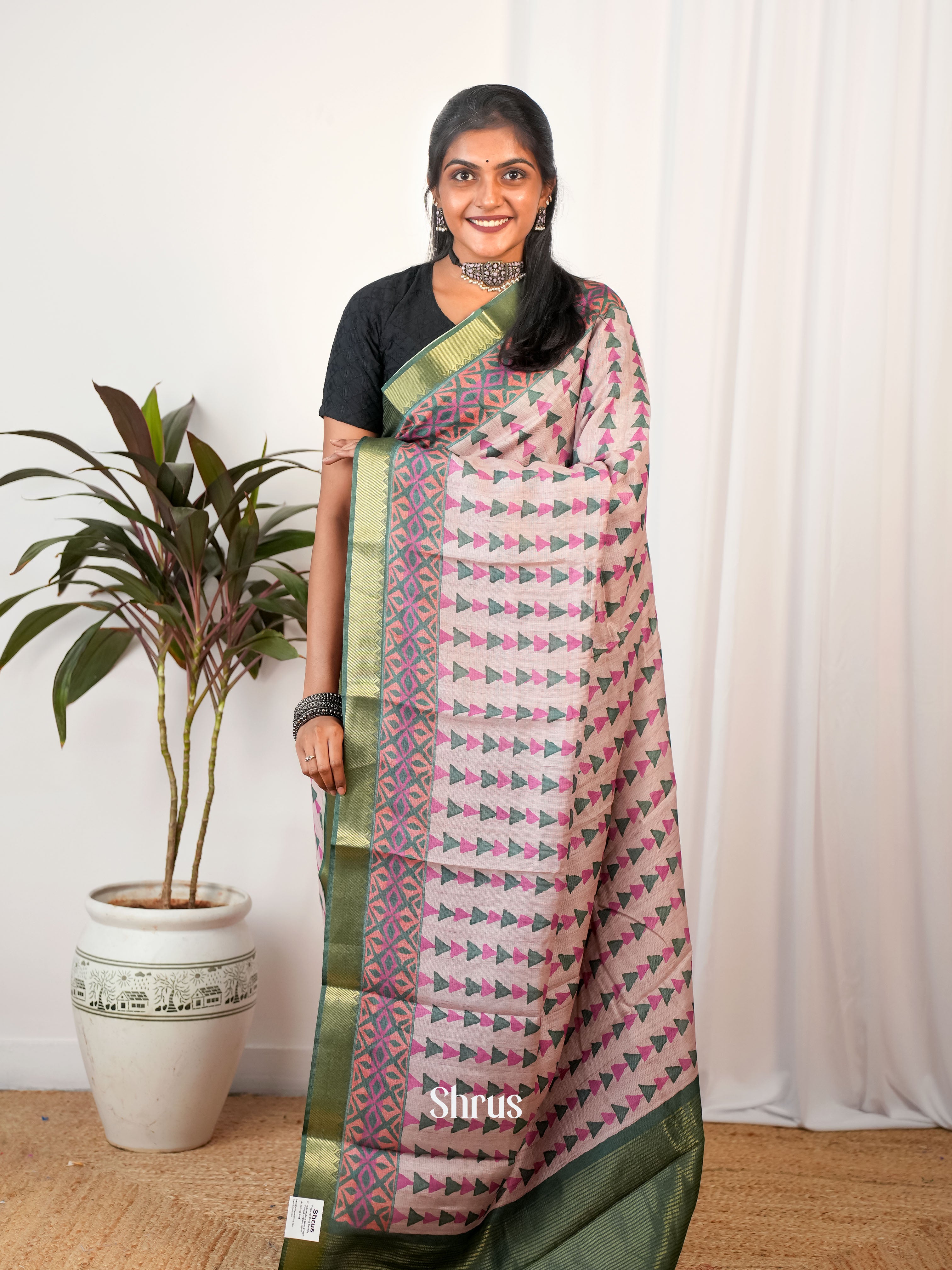 Pink & Green- Semi Chanderi Saree - Shop on Shrus.com