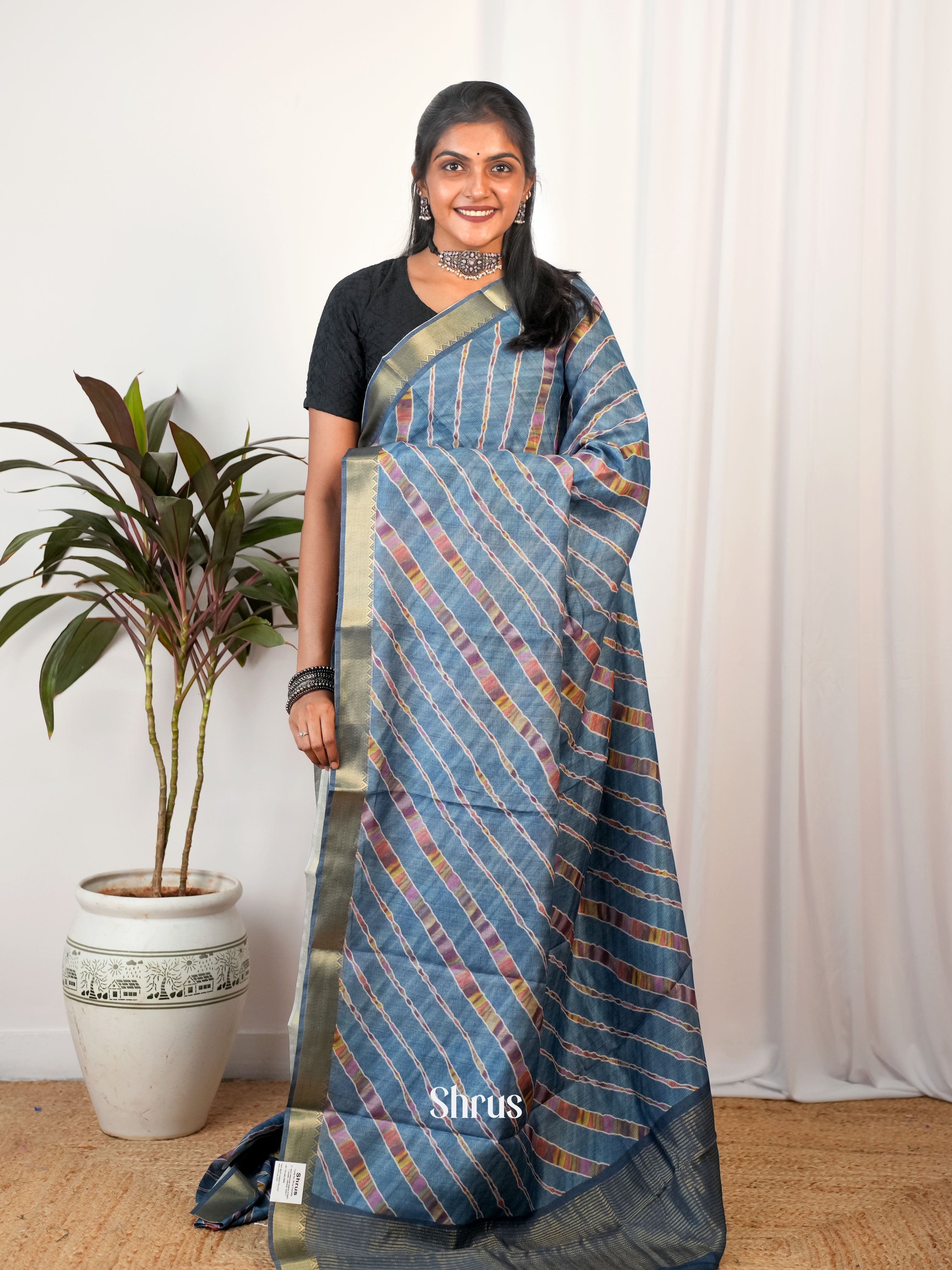 Blue- Semi Chanderi Saree - Shop on Shrus.com