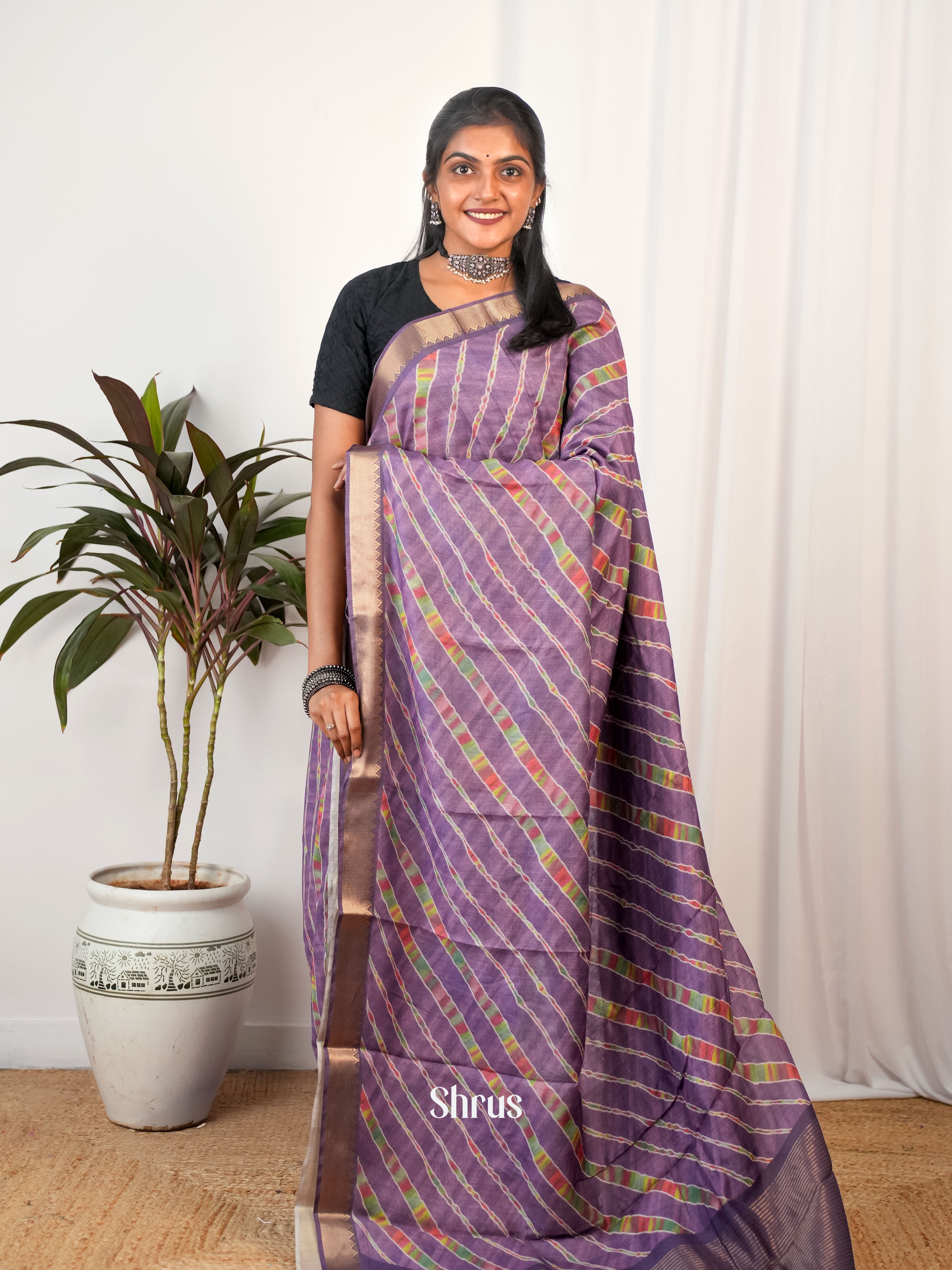 Purple- Semi Chanderi Saree - Shop on Shrus.com