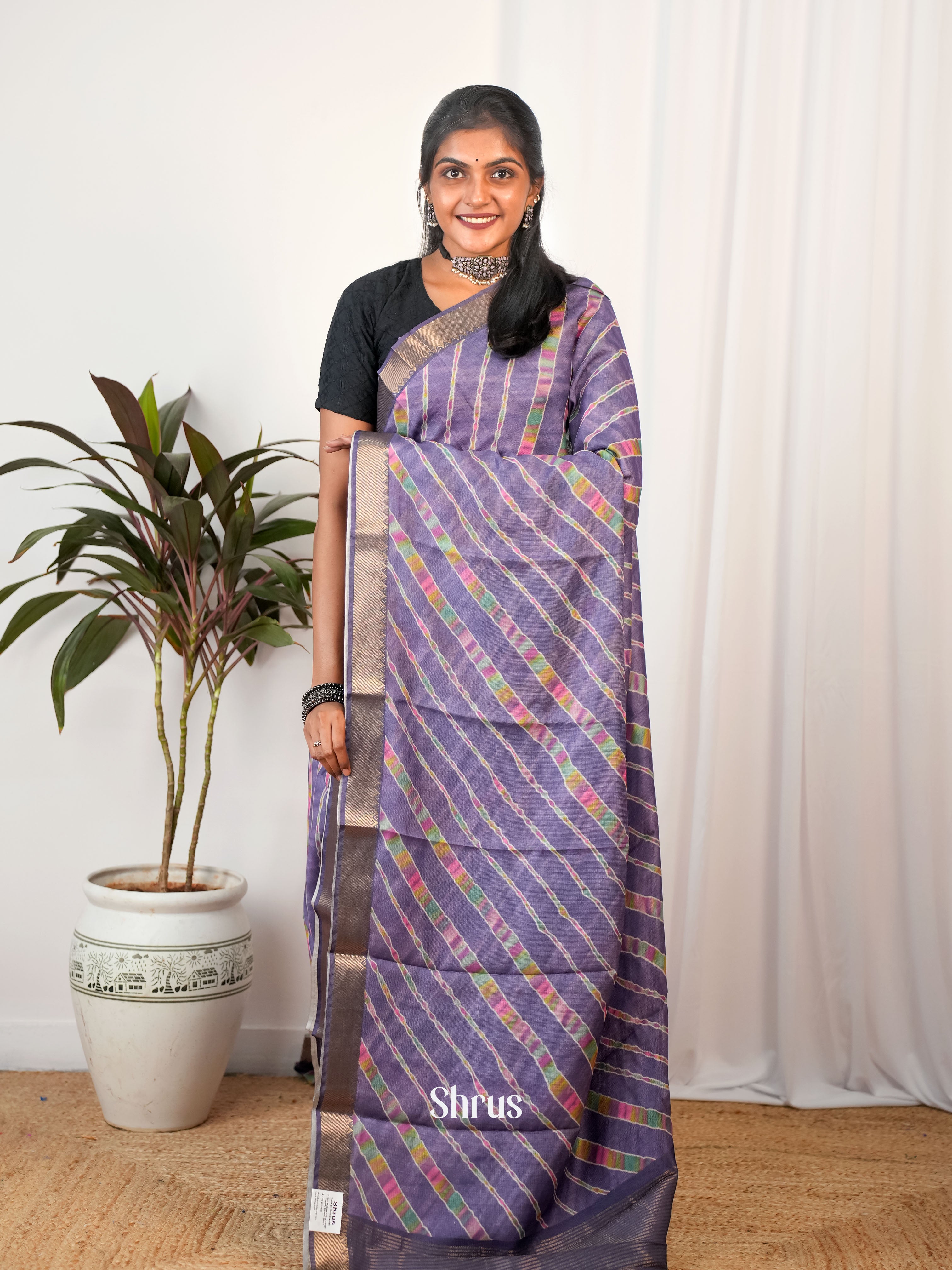 Purple - Semi Chanderi Saree - Shop on Shrus.com