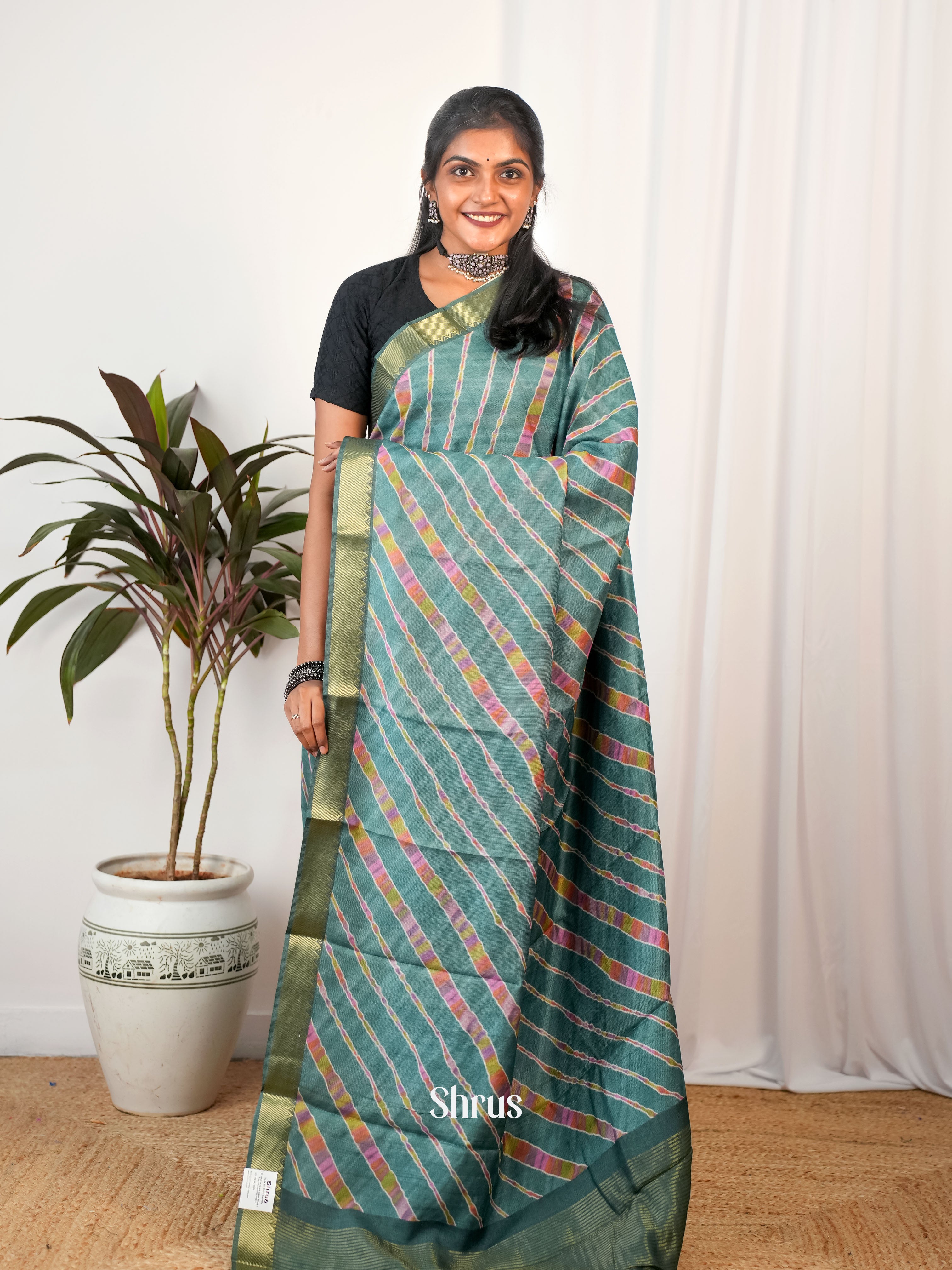 Green - Semi Chanderi Saree - Shop on Shrus.com
