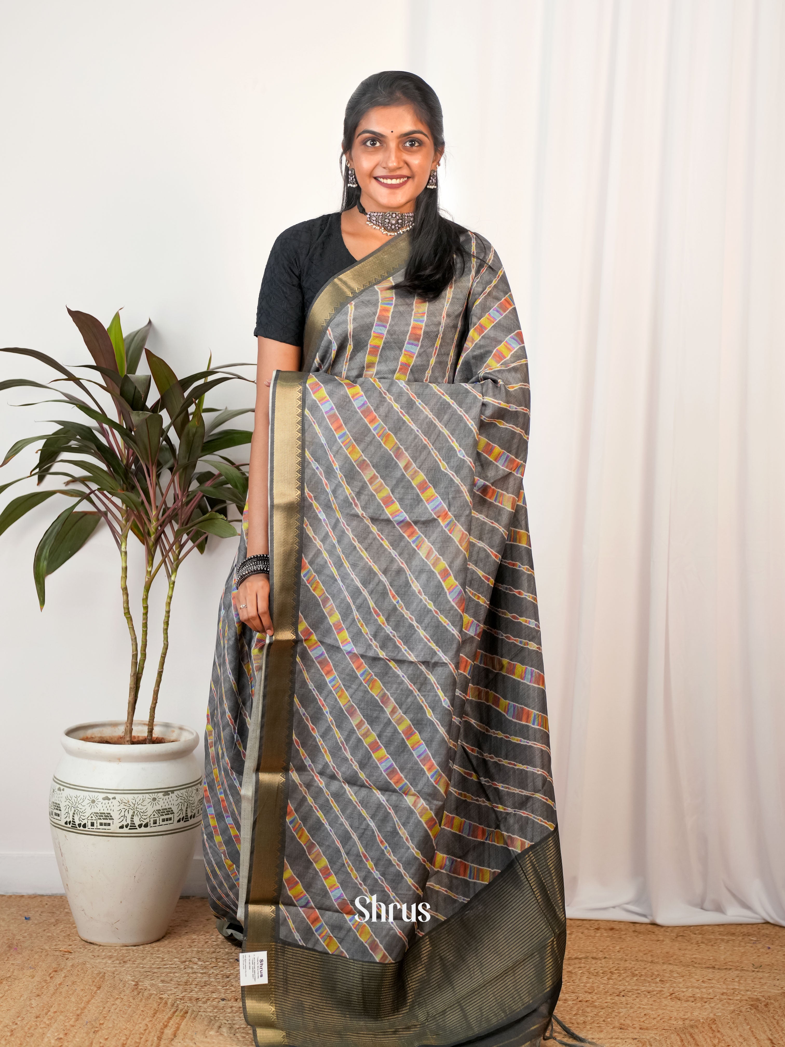 Grey - Semi Chanderi Saree - Shop on Shrus.com