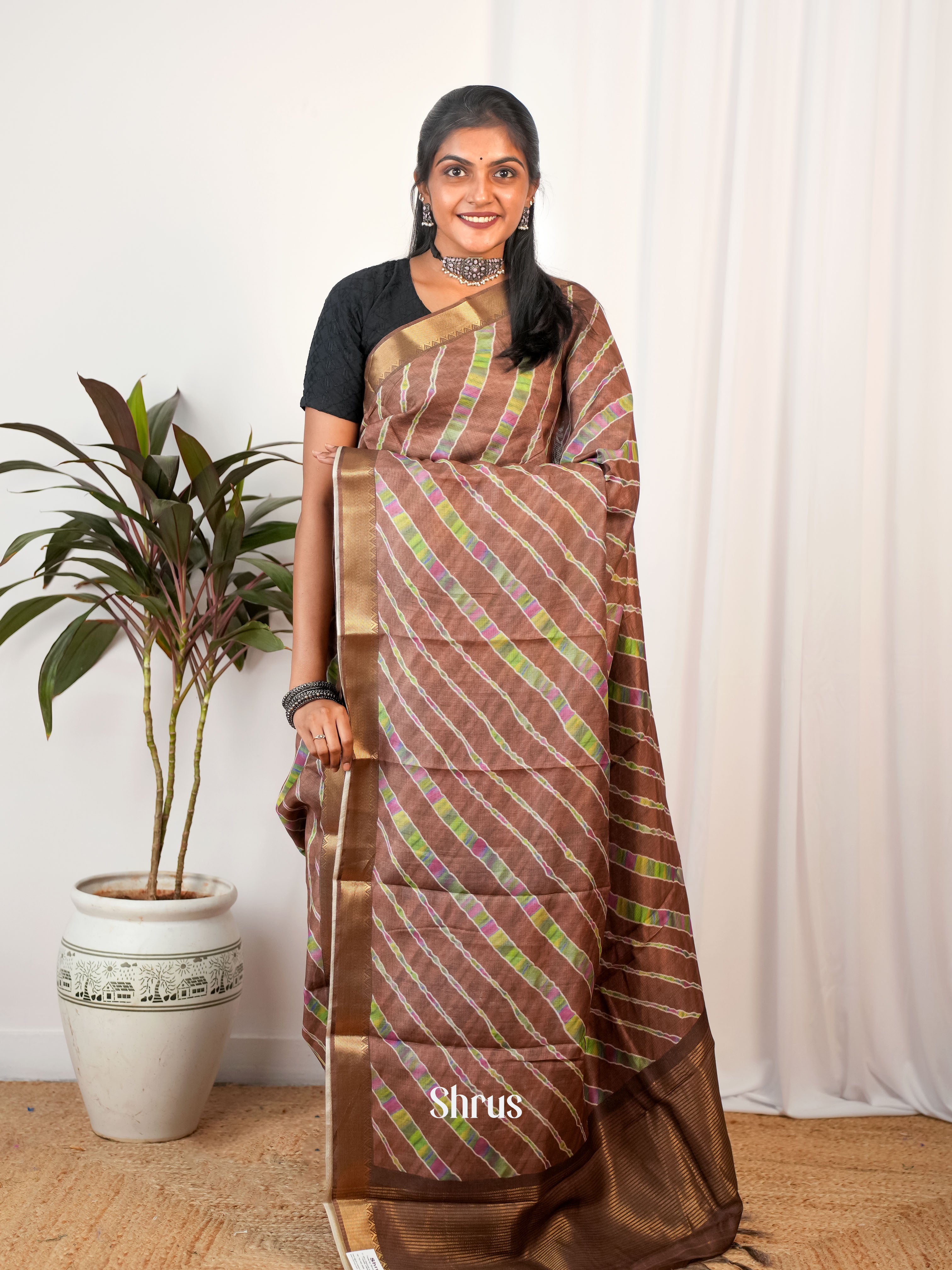 Brown - Semi Chanderi Saree - Shop on Shrus.com
