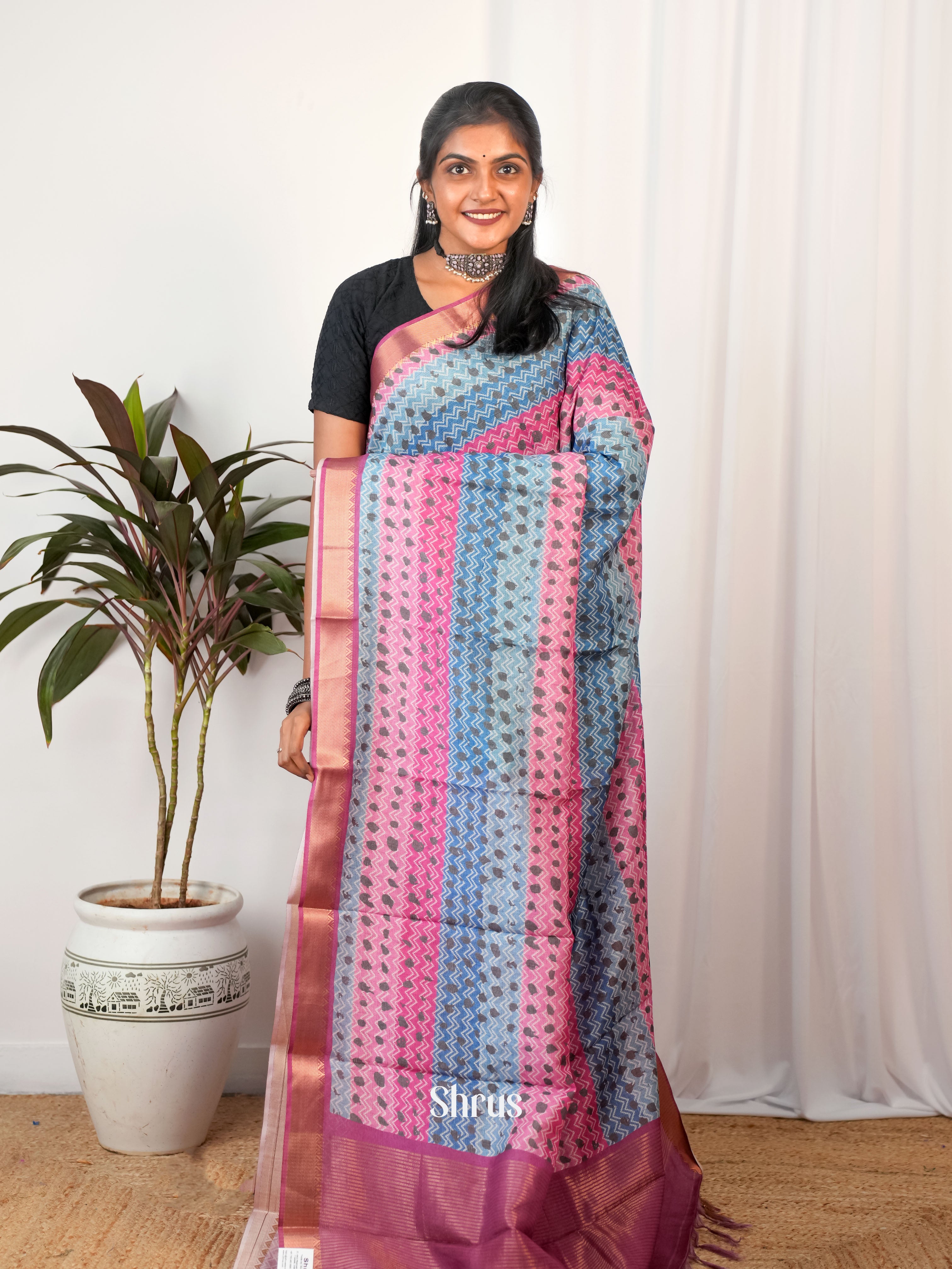 blue & Pink- Semi Chanderi Saree - Shop on Shrus.com