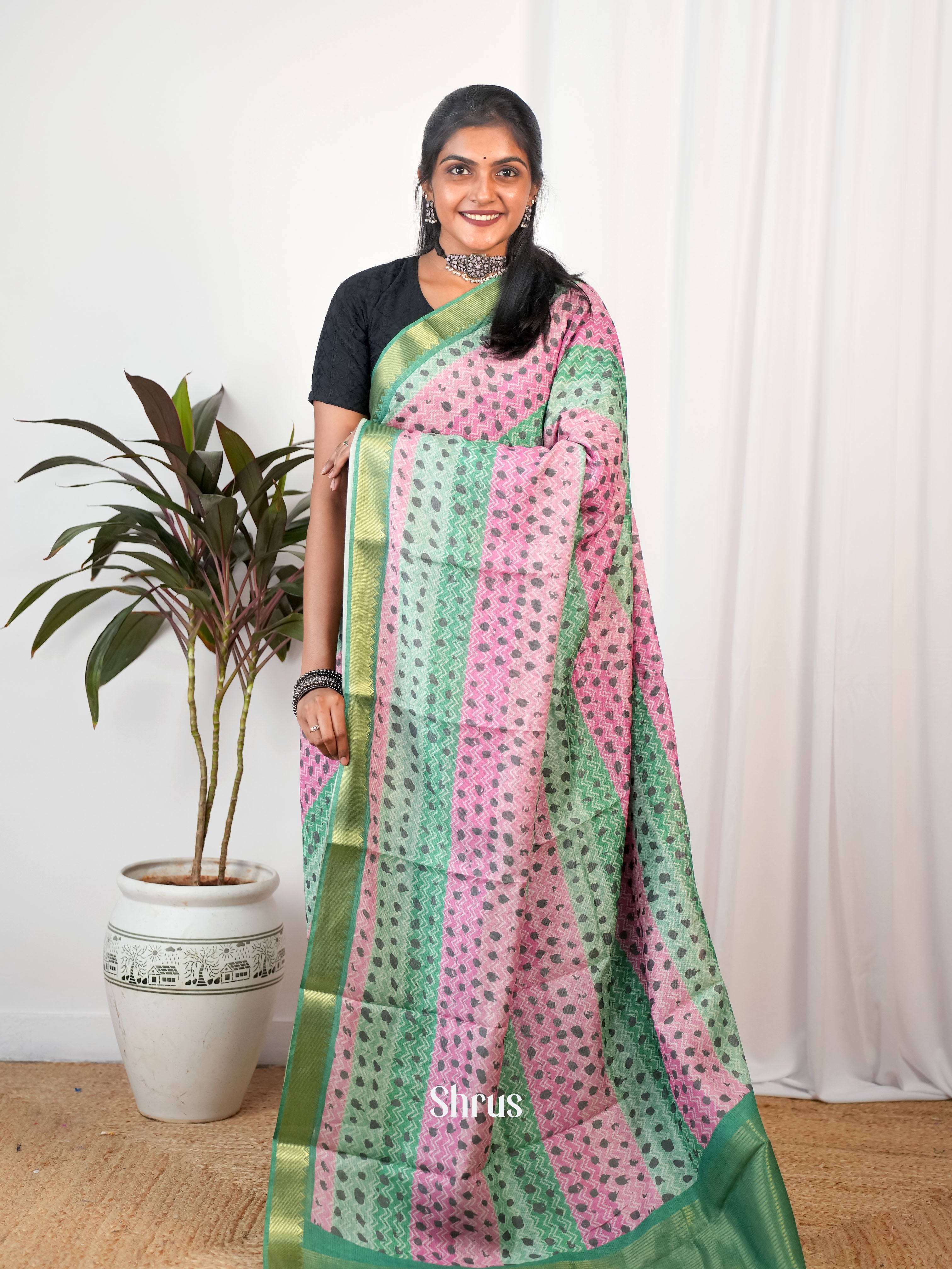 Green & Pink - Semi Chanderi Saree - Shop on Shrus.com