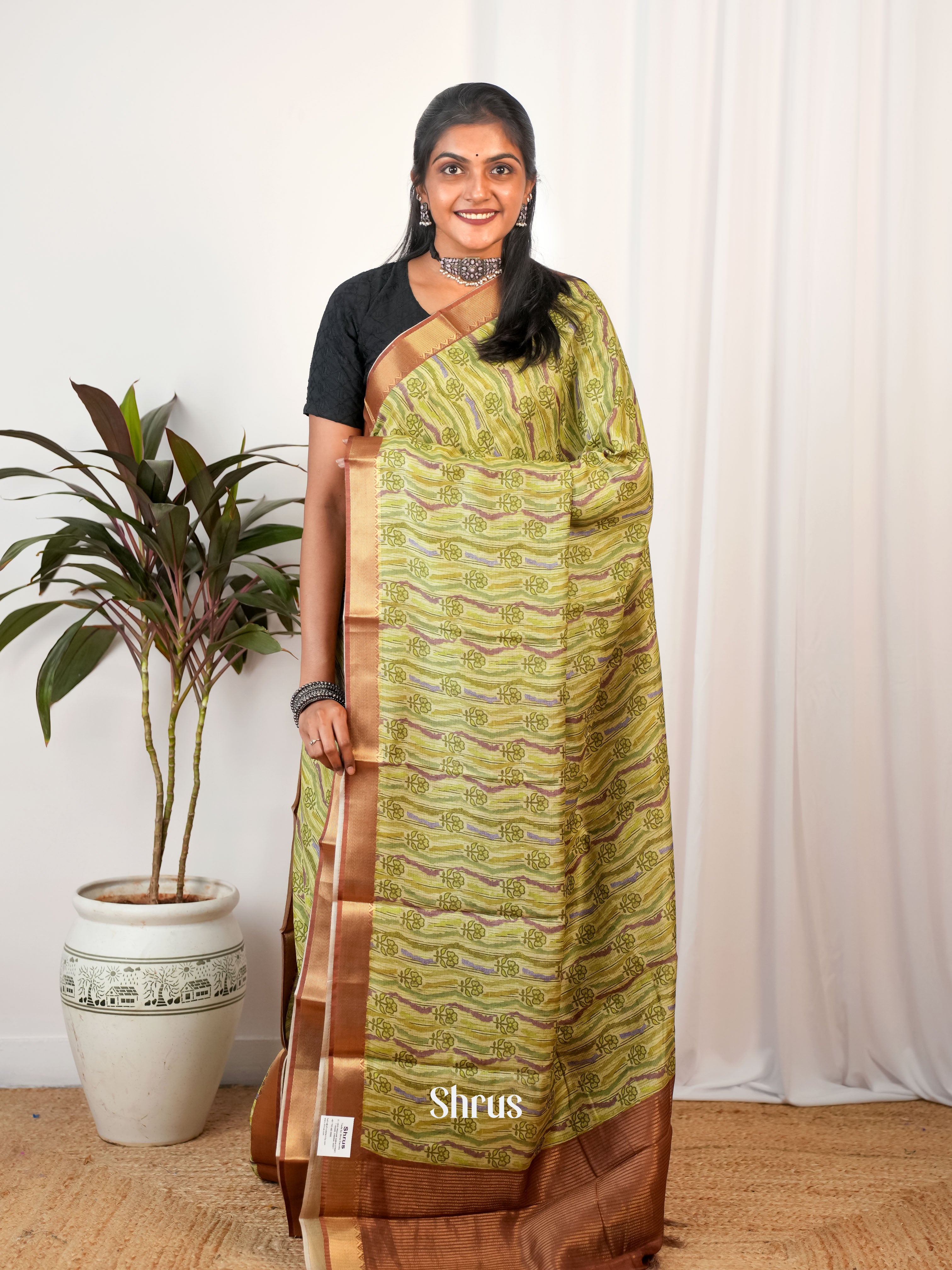 Green & Brown - Semi Chanderi Saree - Shop on Shrus.com
