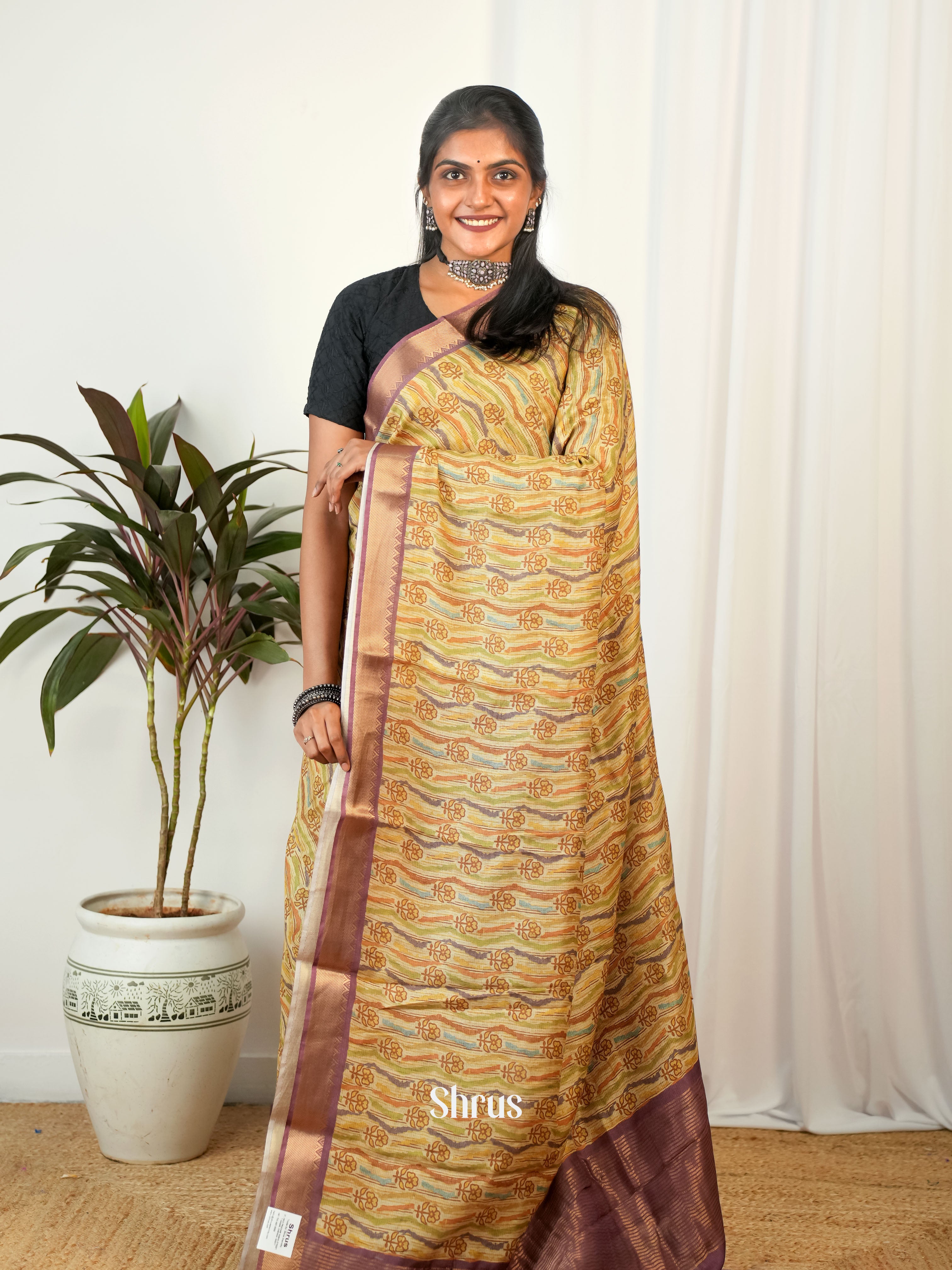 Beige & Brown - Semi Chanderi Saree - Shop on Shrus.com