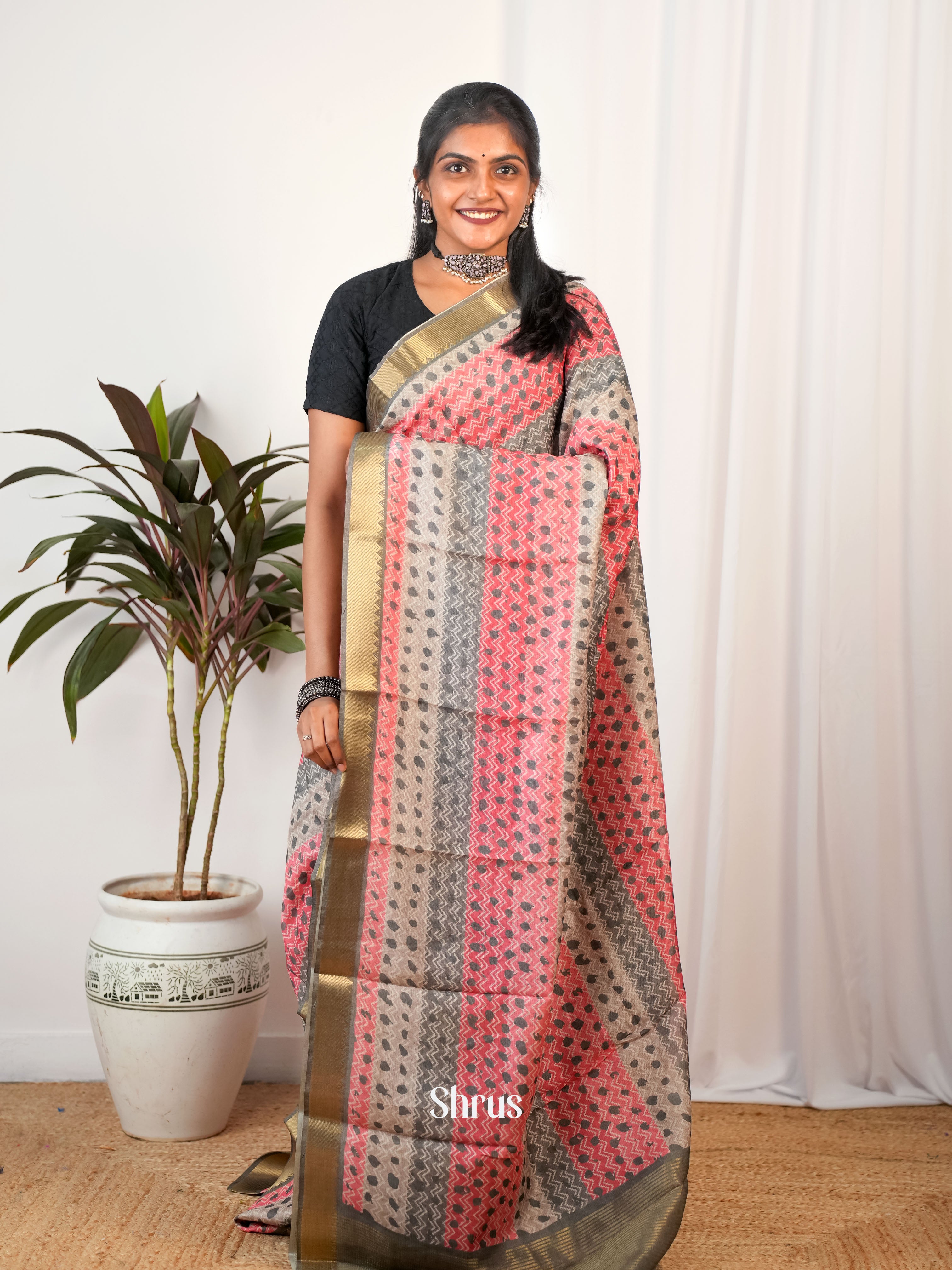 Pink & Grey - Semi Chanderi Saree - Shop on Shrus.com
