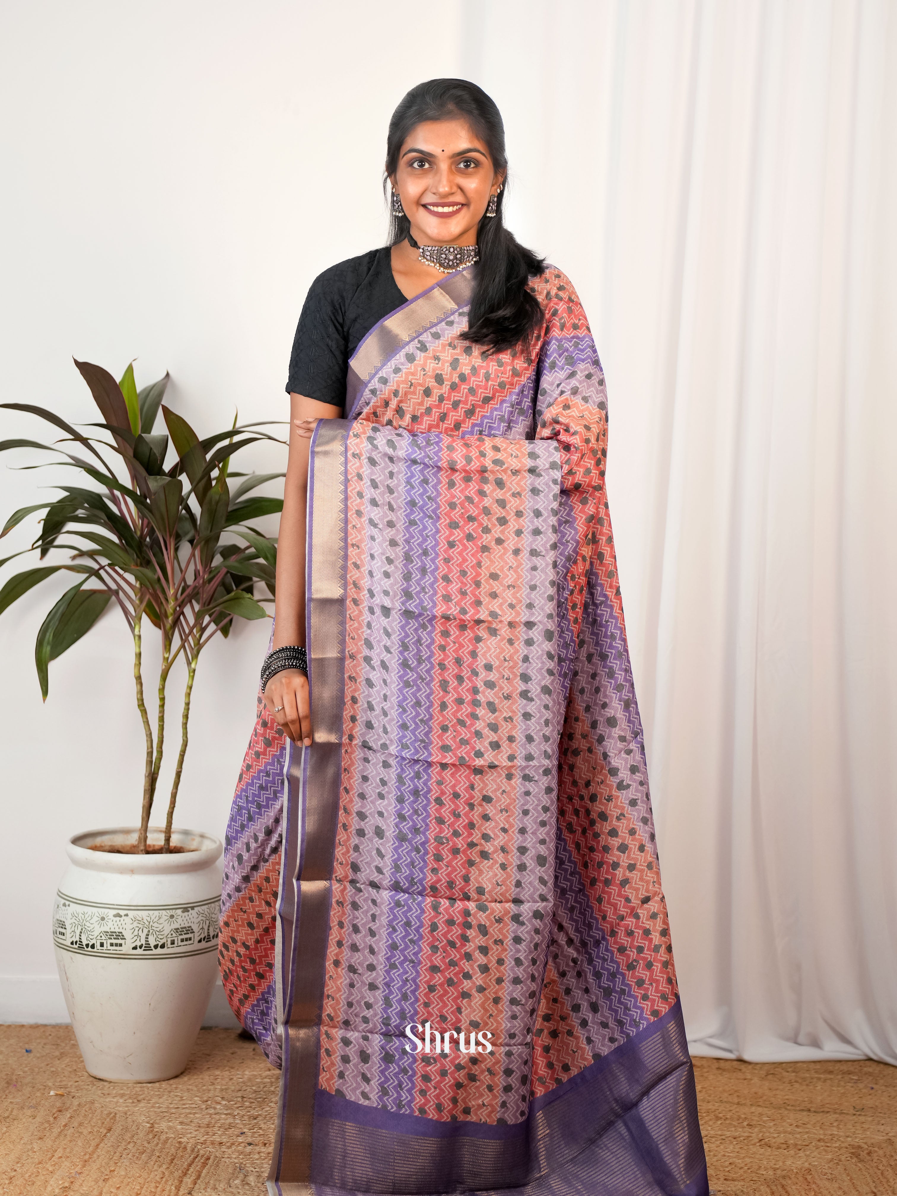 Purple & Peach - Semi Chanderi Saree - Shop on Shrus.com