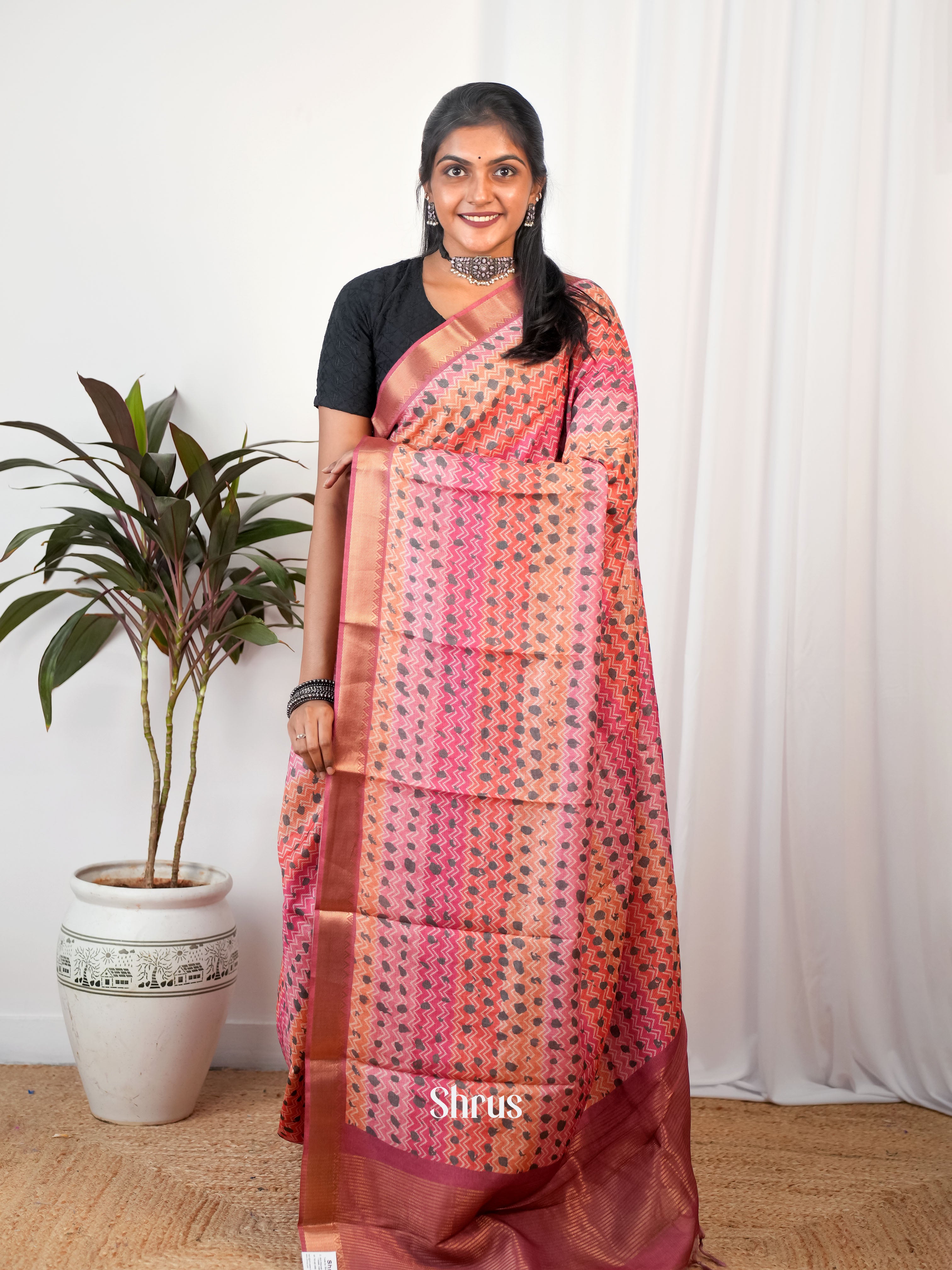 Pink & Peach - Semi Chanderi Saree - Shop on Shrus.com