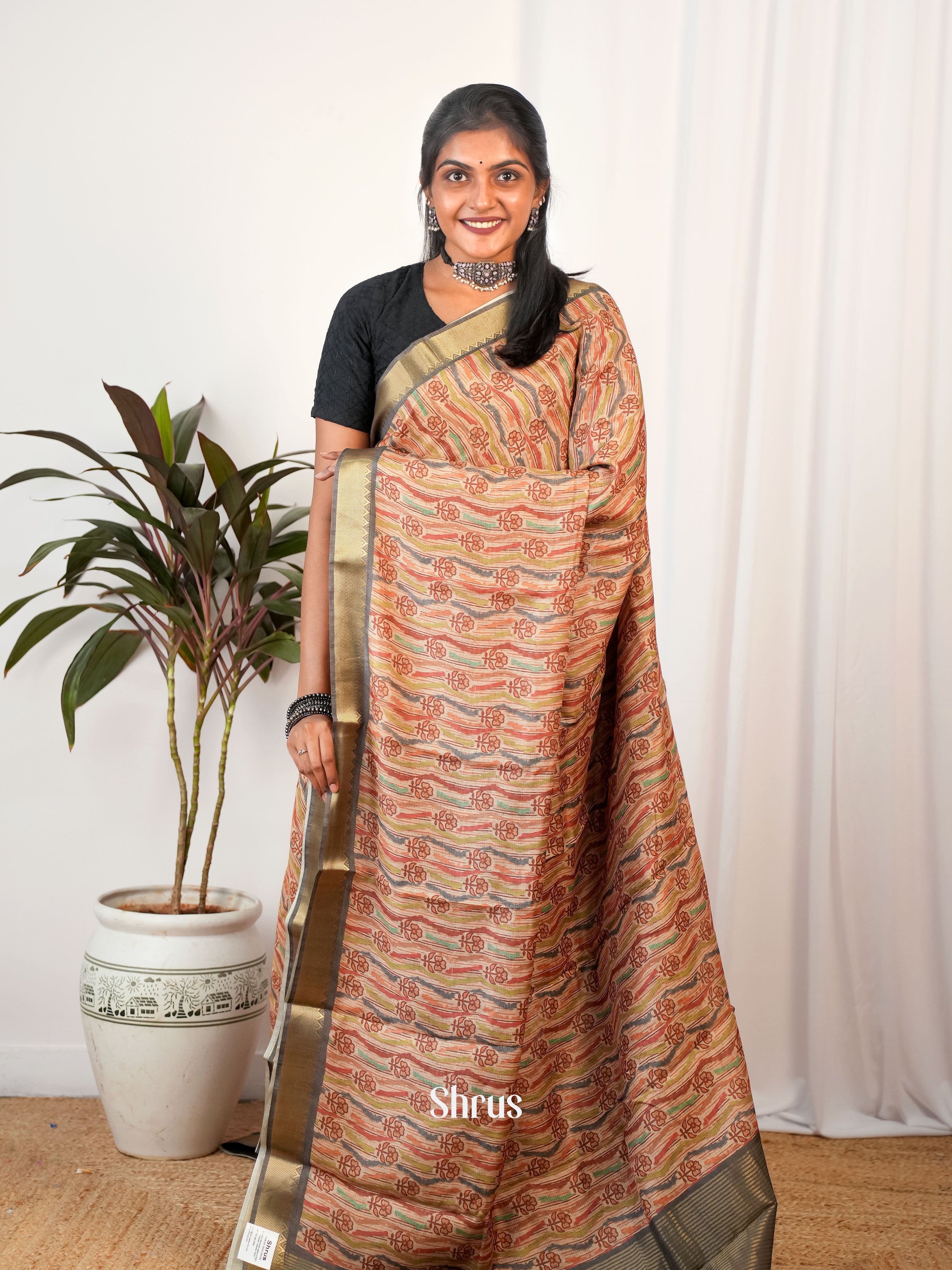 Beige & Grey - Semi Chanderi Saree - Shop on Shrus.com