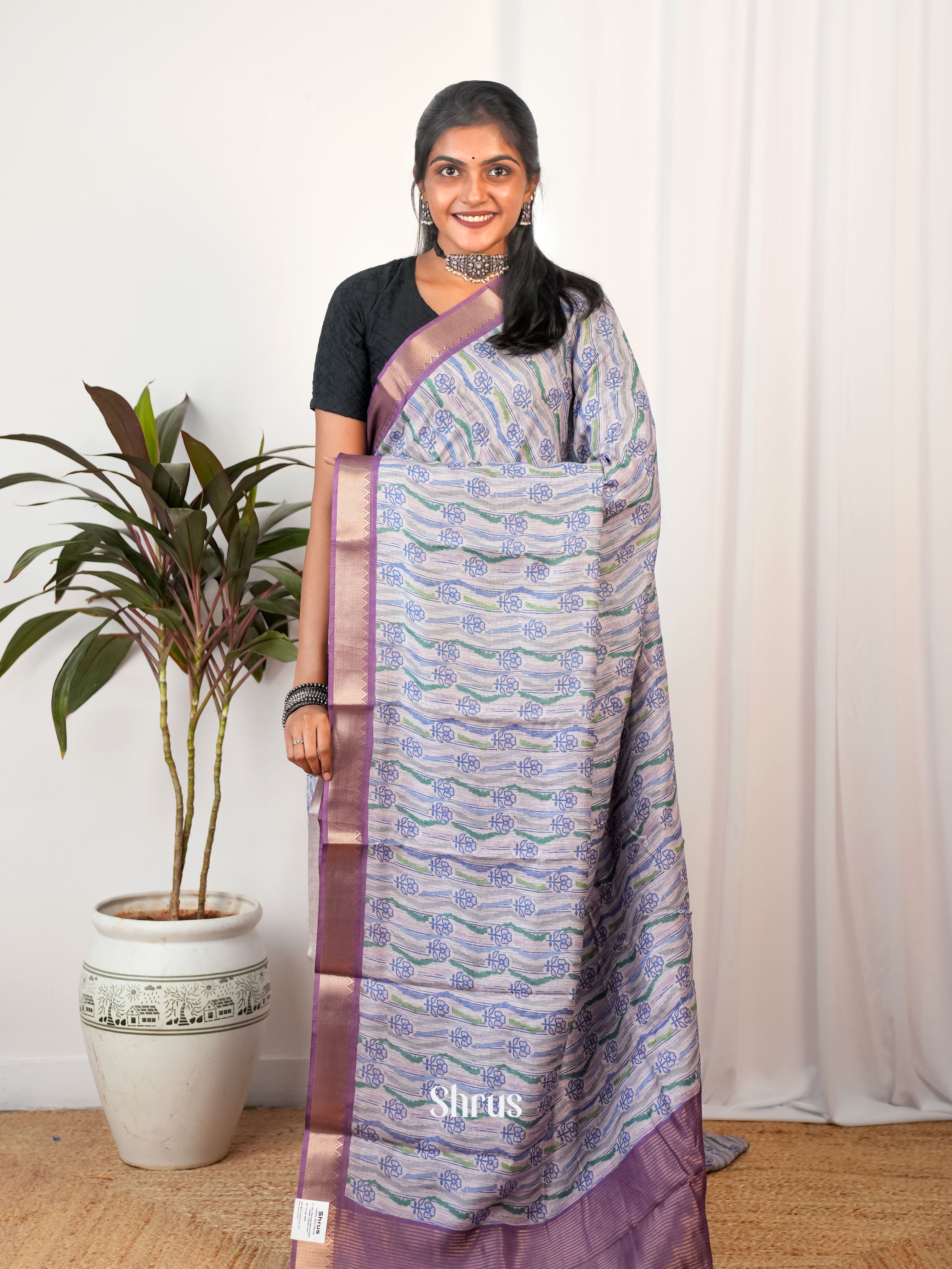 Mild Lavender & Purple - Semi Chanderi Saree - Shop on Shrus.com