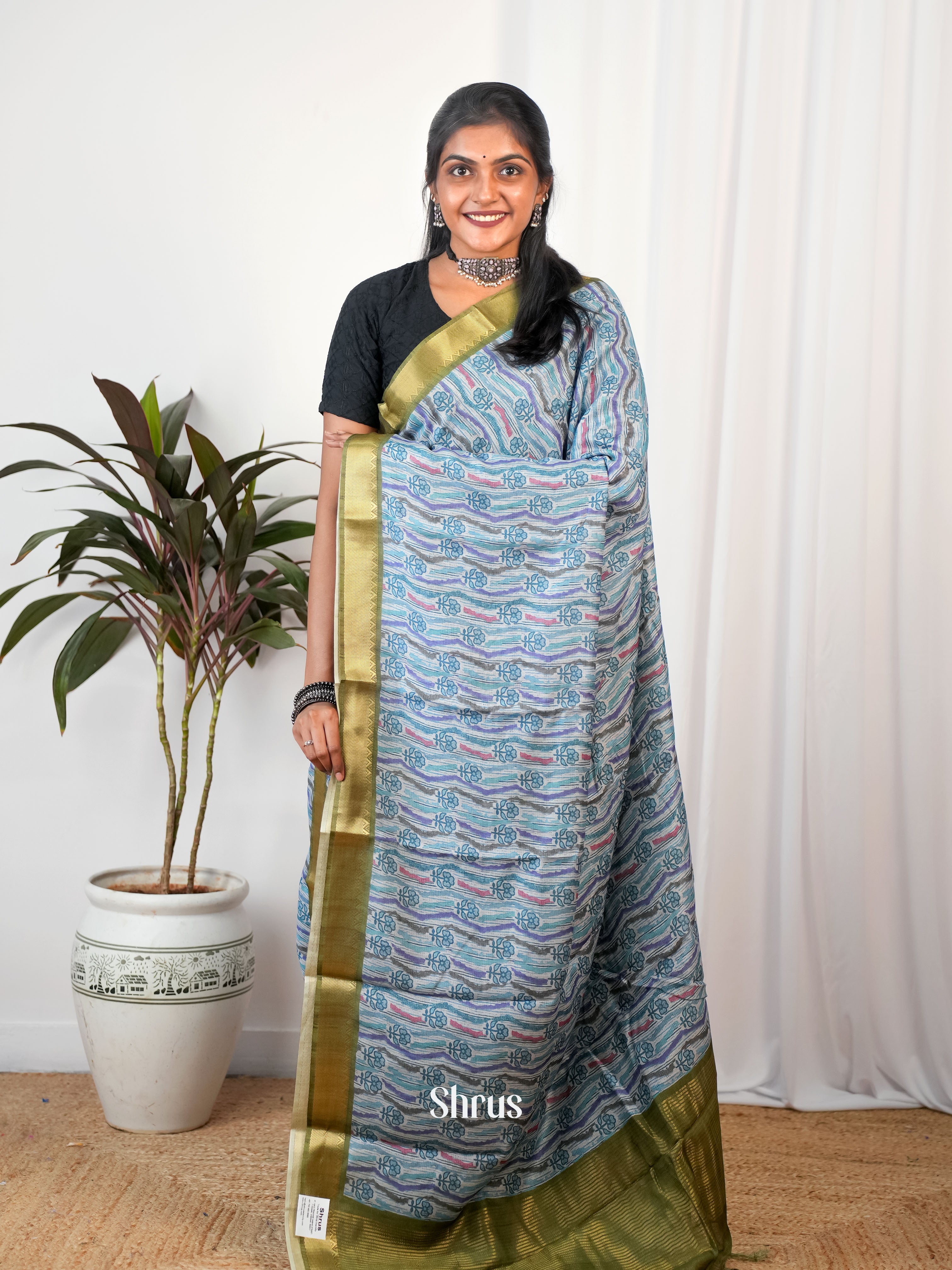Grey & Green - Semi Chanderi Saree - Shop on Shrus.com