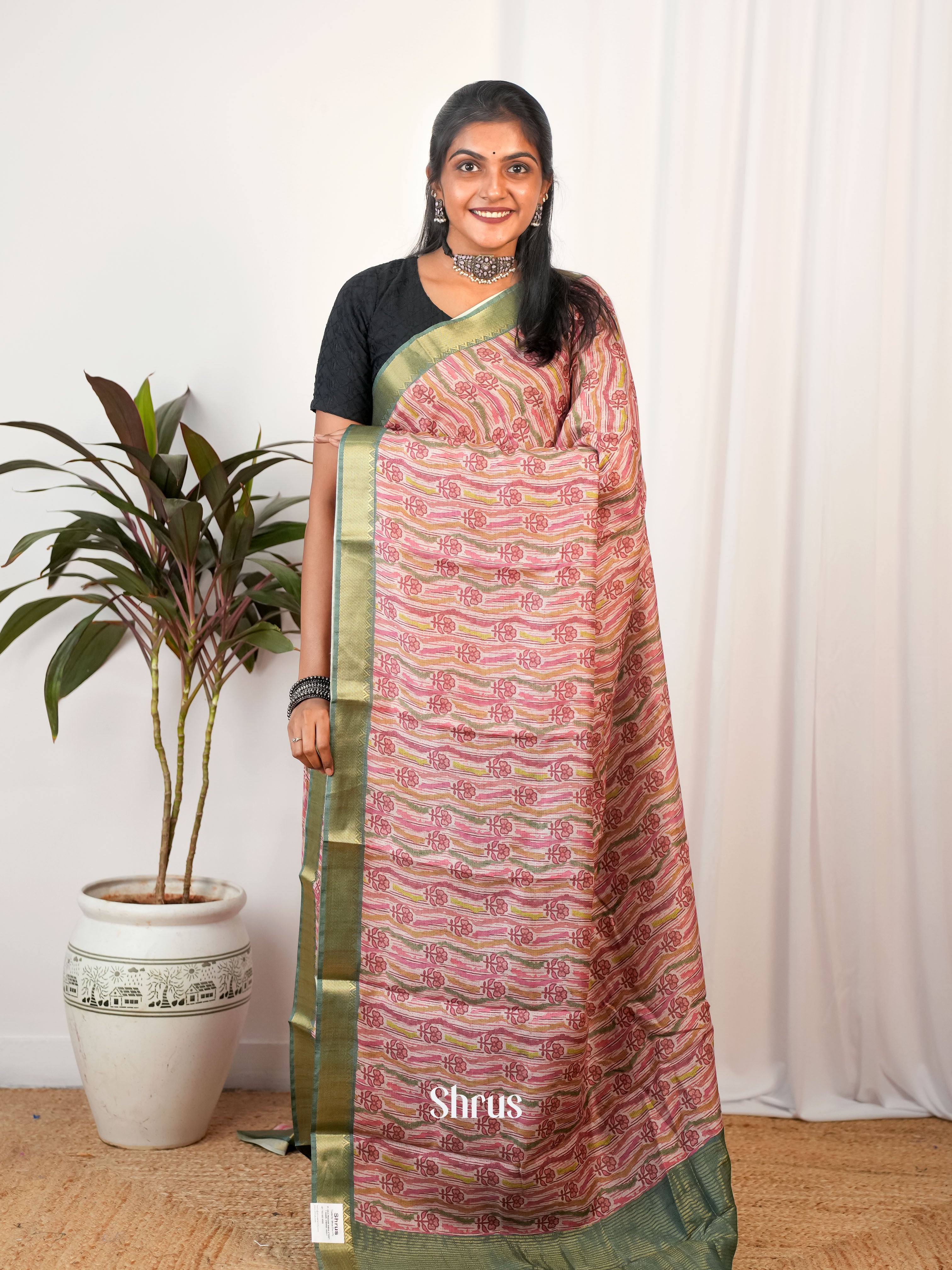 Pink& Green - Semi Chanderi Saree - Shop on Shrus.com