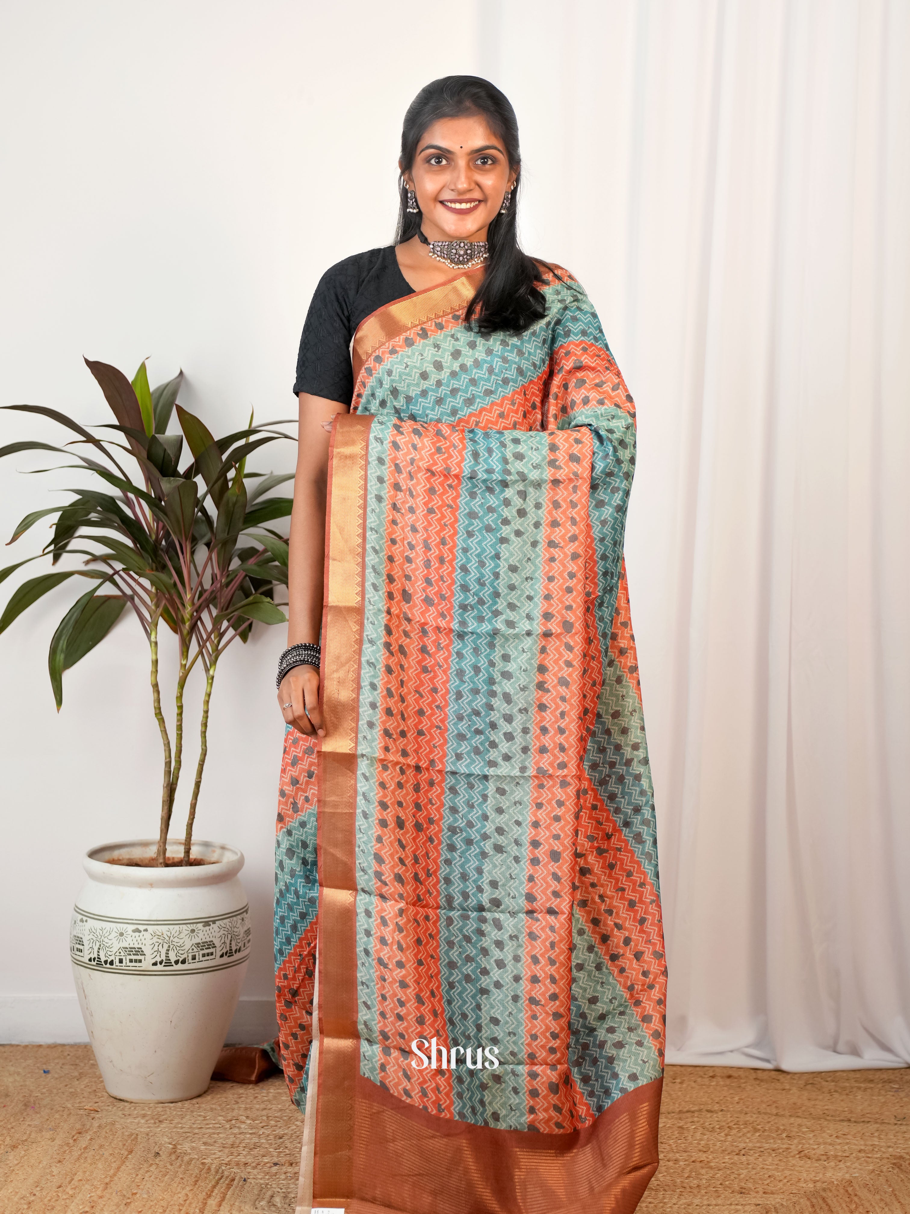 Blue & Brown - Semi Chanderi Saree - Shop on Shrus.com