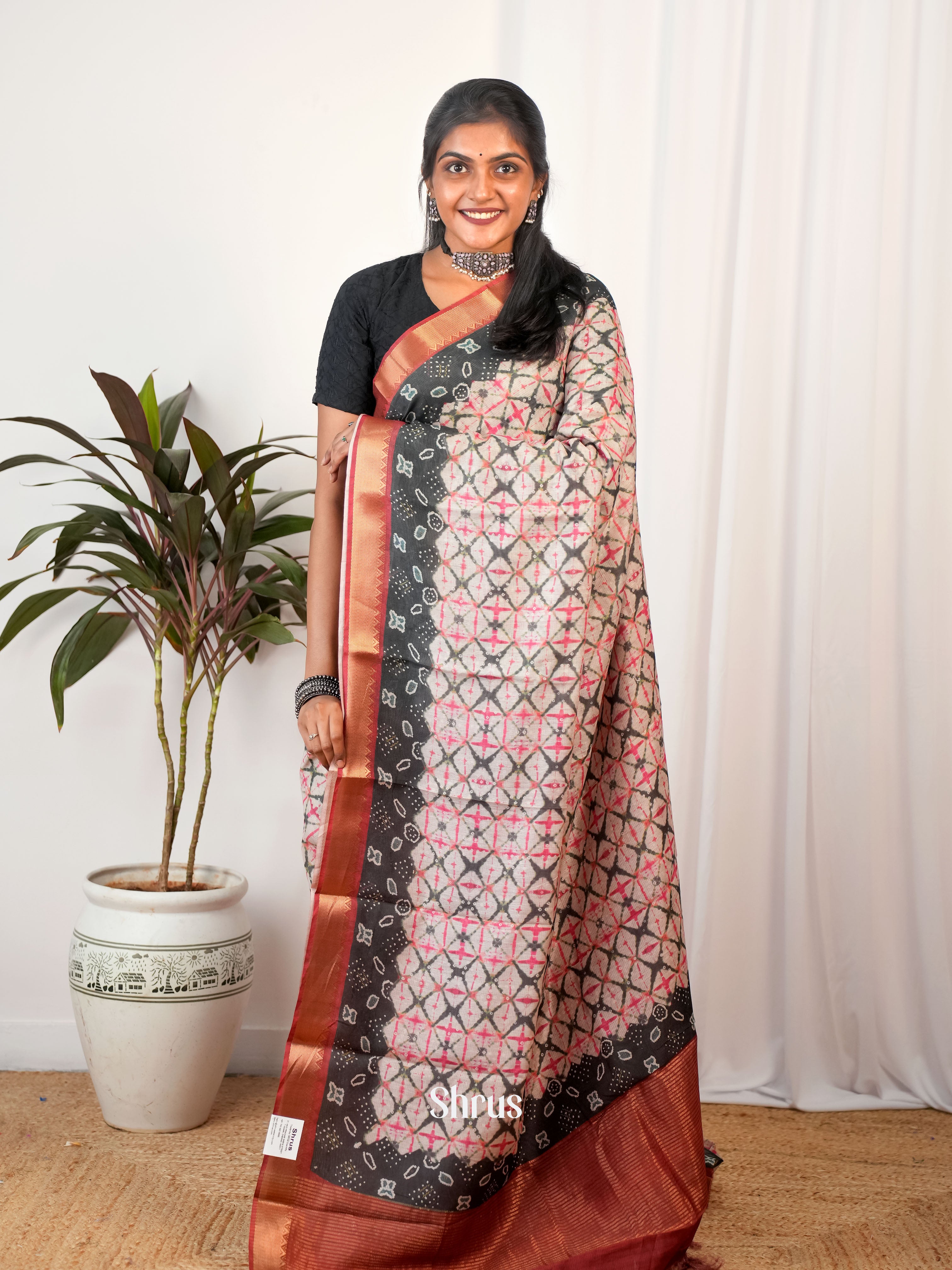 Cream & Maroon- Semi Chanderi Saree - Shop on Shrus.com