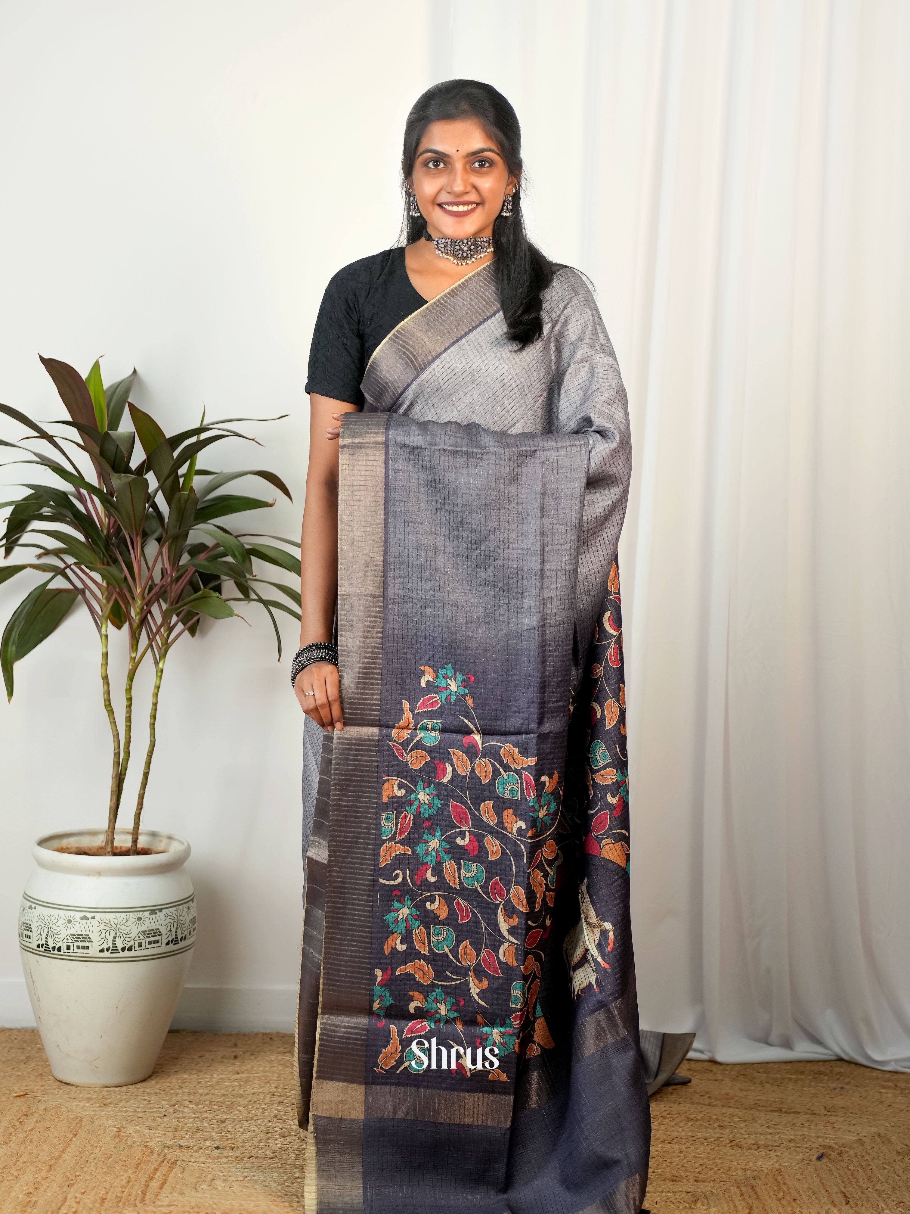 Grey & Black - Semi Tussar Saree - Shop on Shrus.com