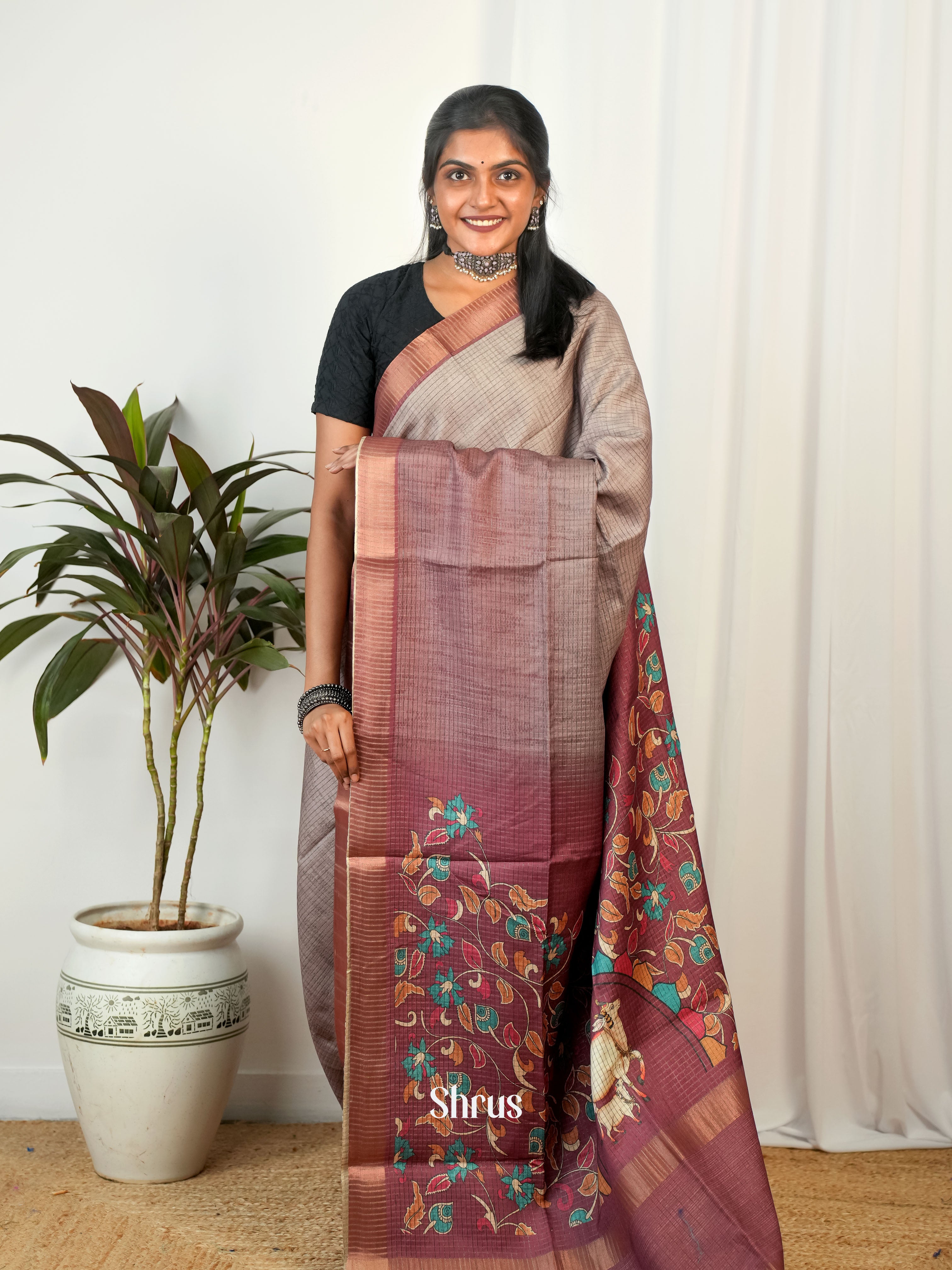 Grey & Brown- Semi Tussar Saree - Shop on Shrus.com