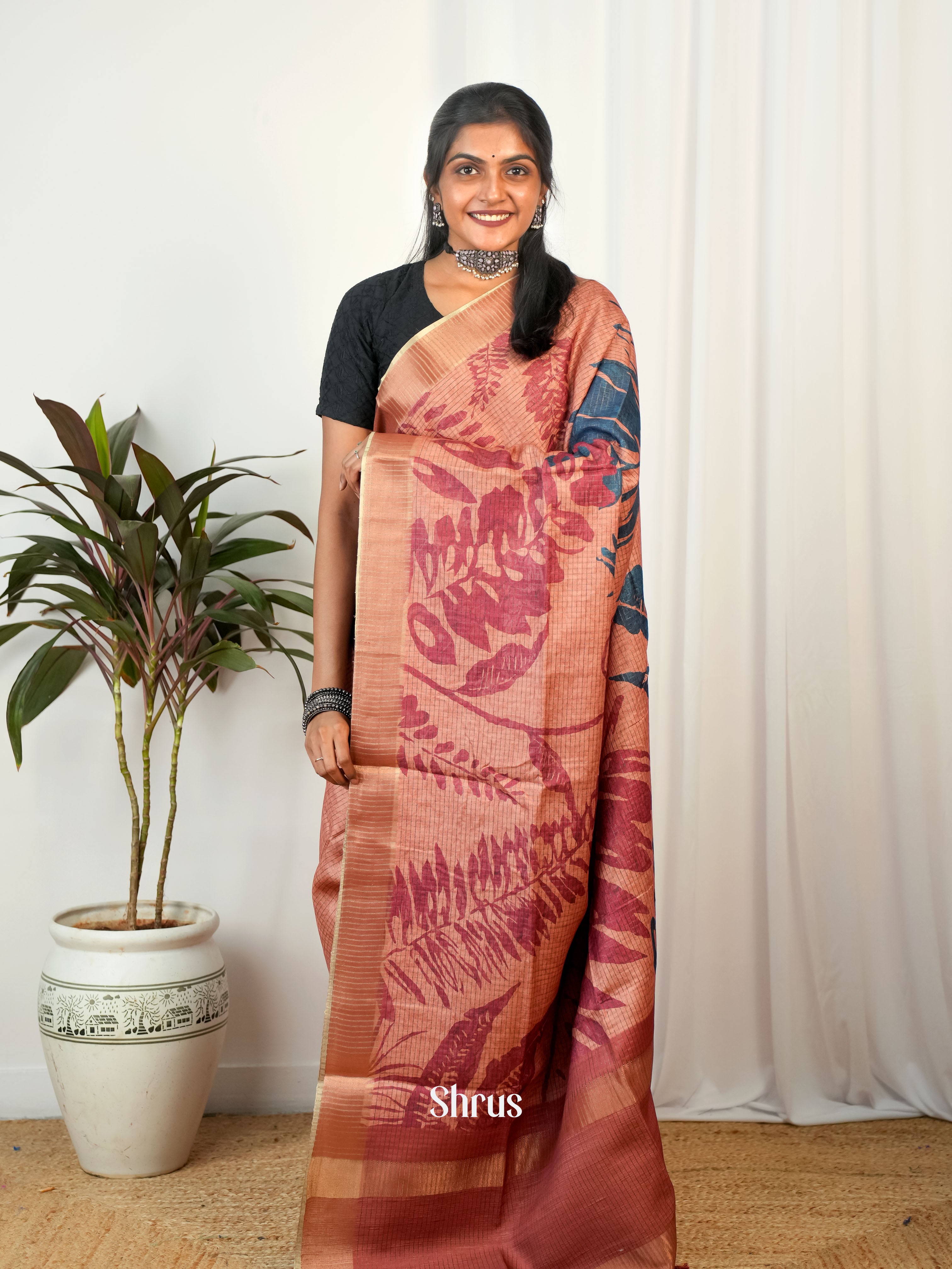 Peach & Brown- Semi Tussar Saree - Shop on Shrus.com