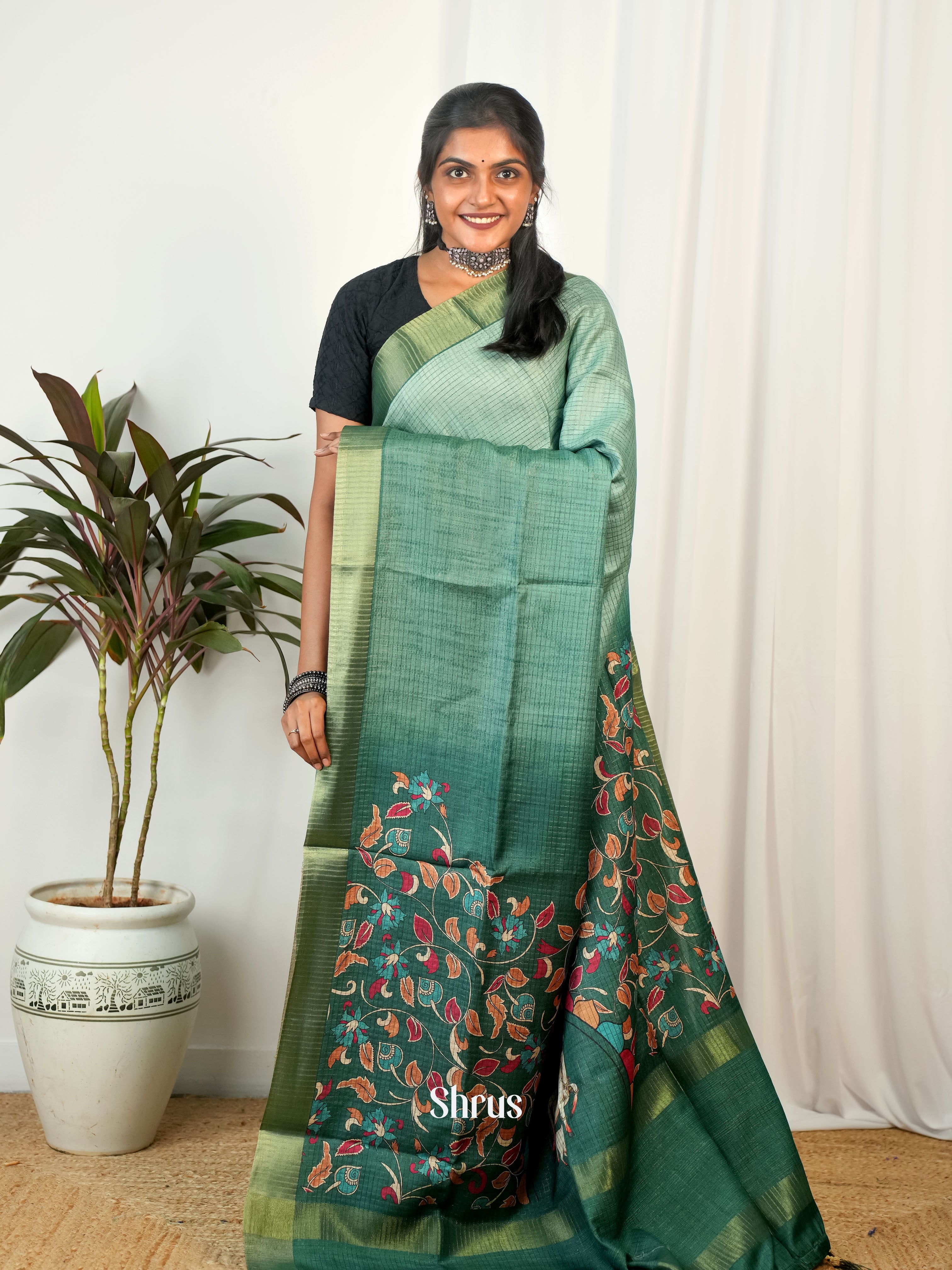 Pastel Green - Semi Tussar Saree - Shop on Shrus.com