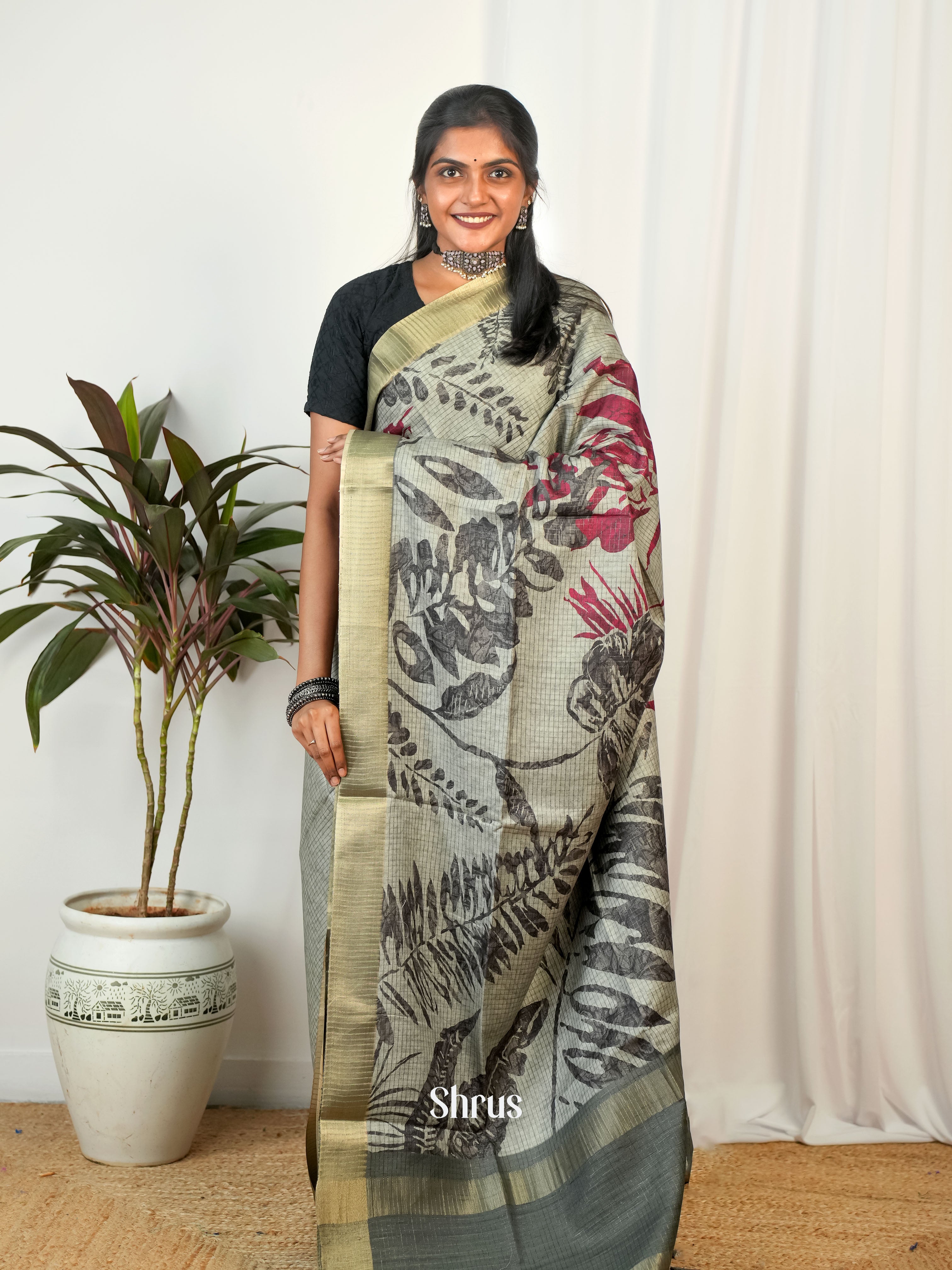 Grey - Semi Tussar Saree - Shop on Shrus.com