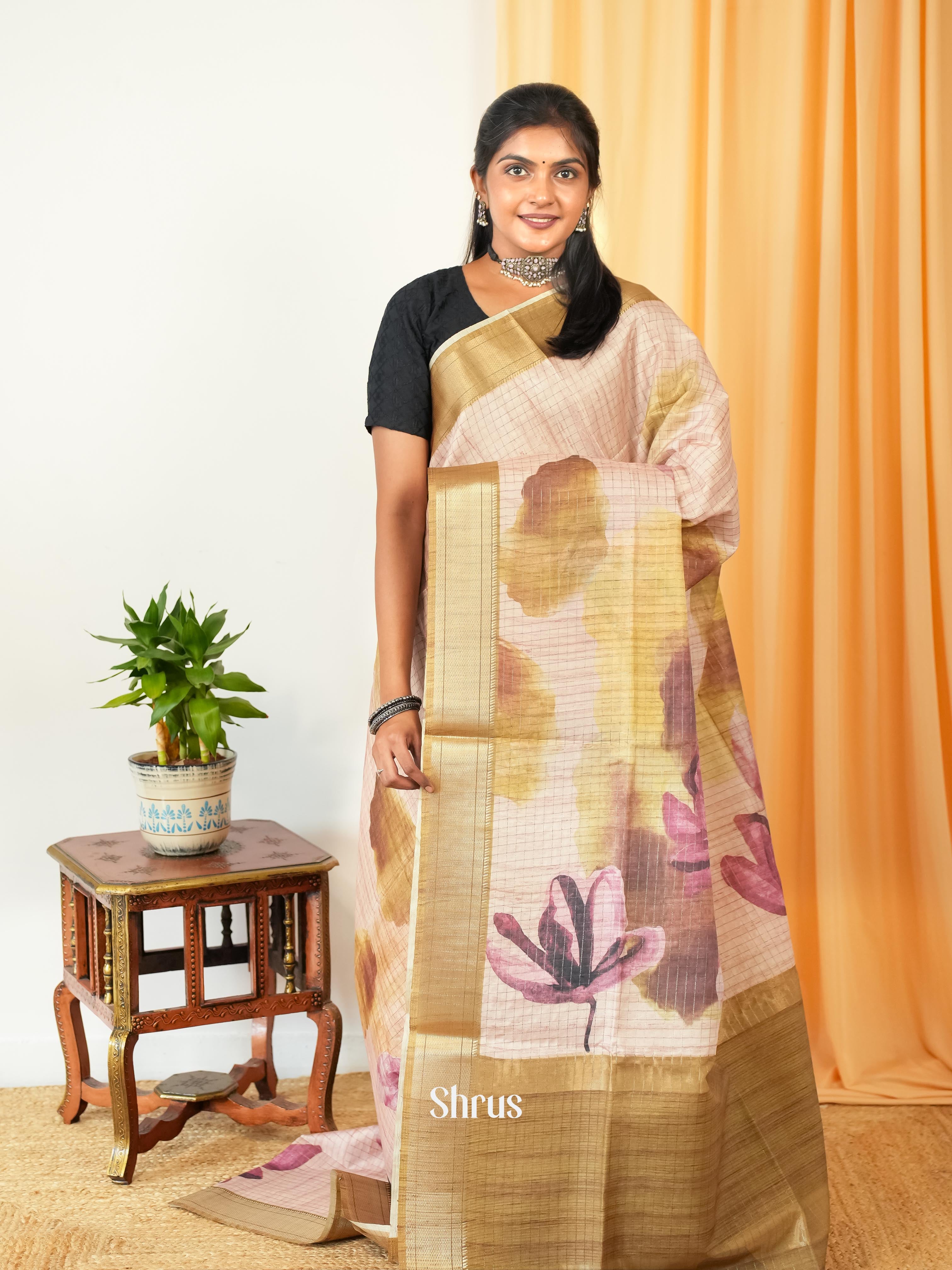 Cream & Beige - Semi Tussar Saree - Shop on Shrus.com