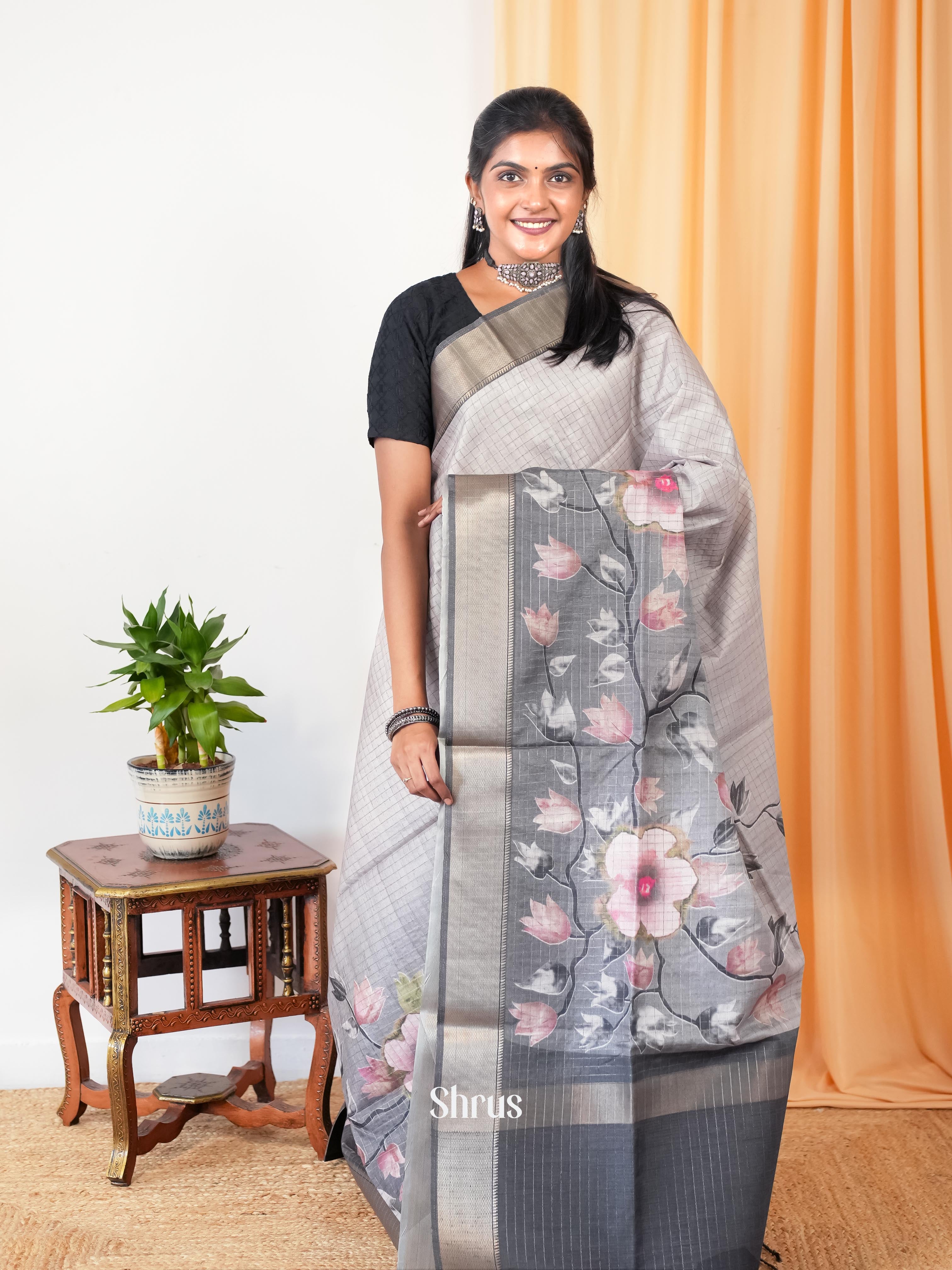 Lite & Dark Grey - Semi Tussar Saree - Shop on Shrus.com