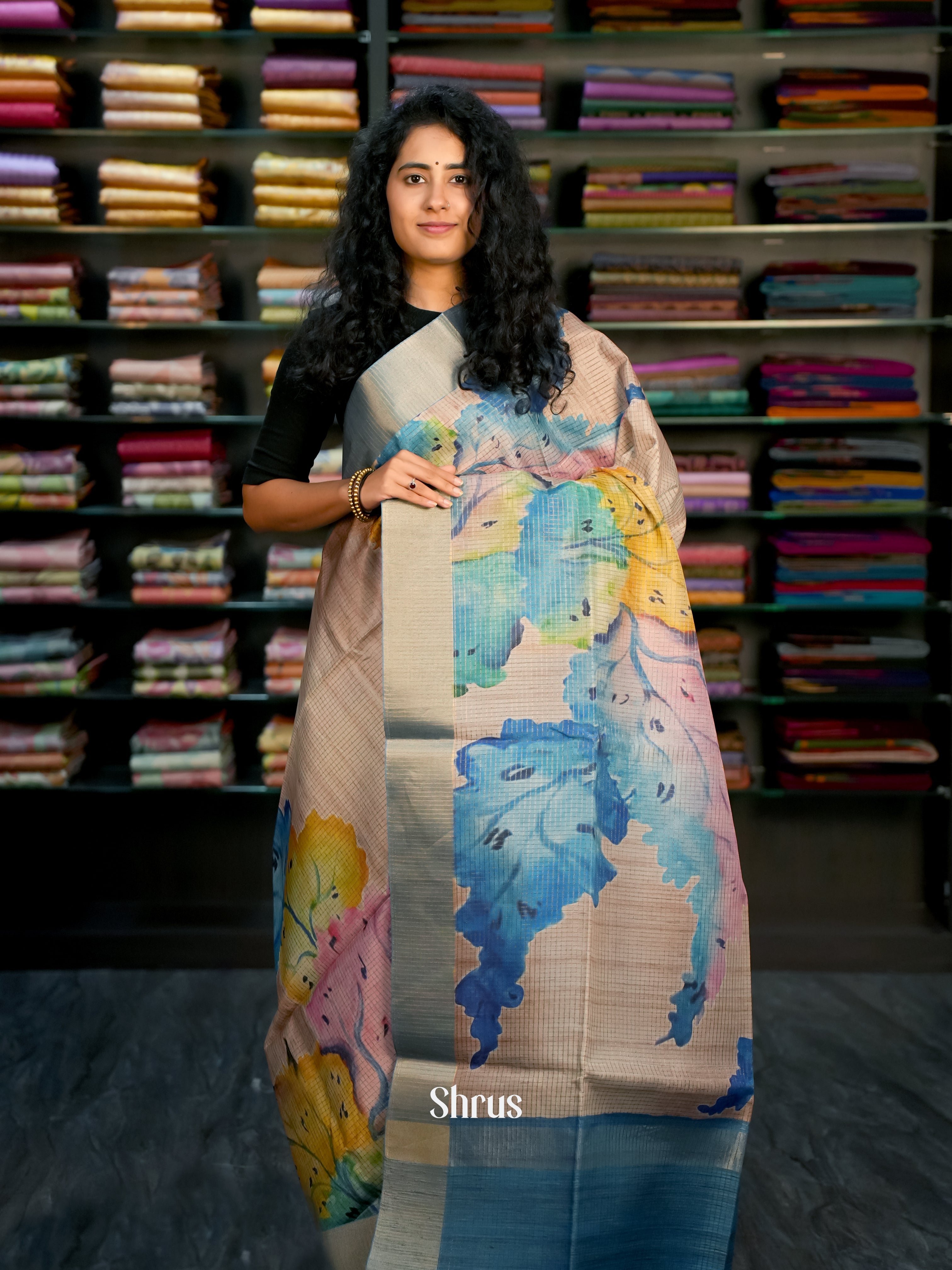 Brown,Yellow & Blue - Semi Tussar Saree - Shop on Shrus.com
