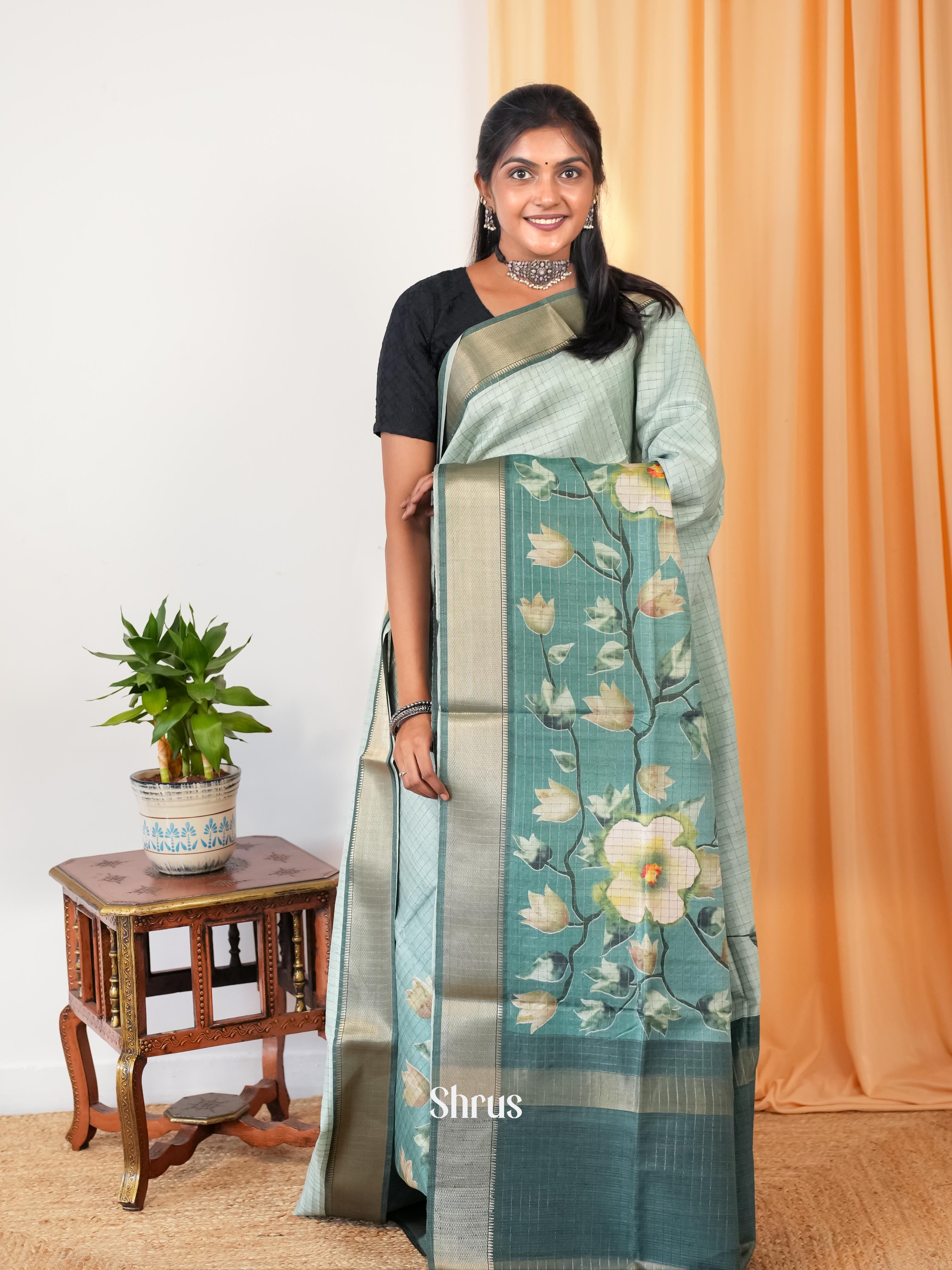 Lite & Dark Green - Semi Tussar Saree - Shop on Shrus.com