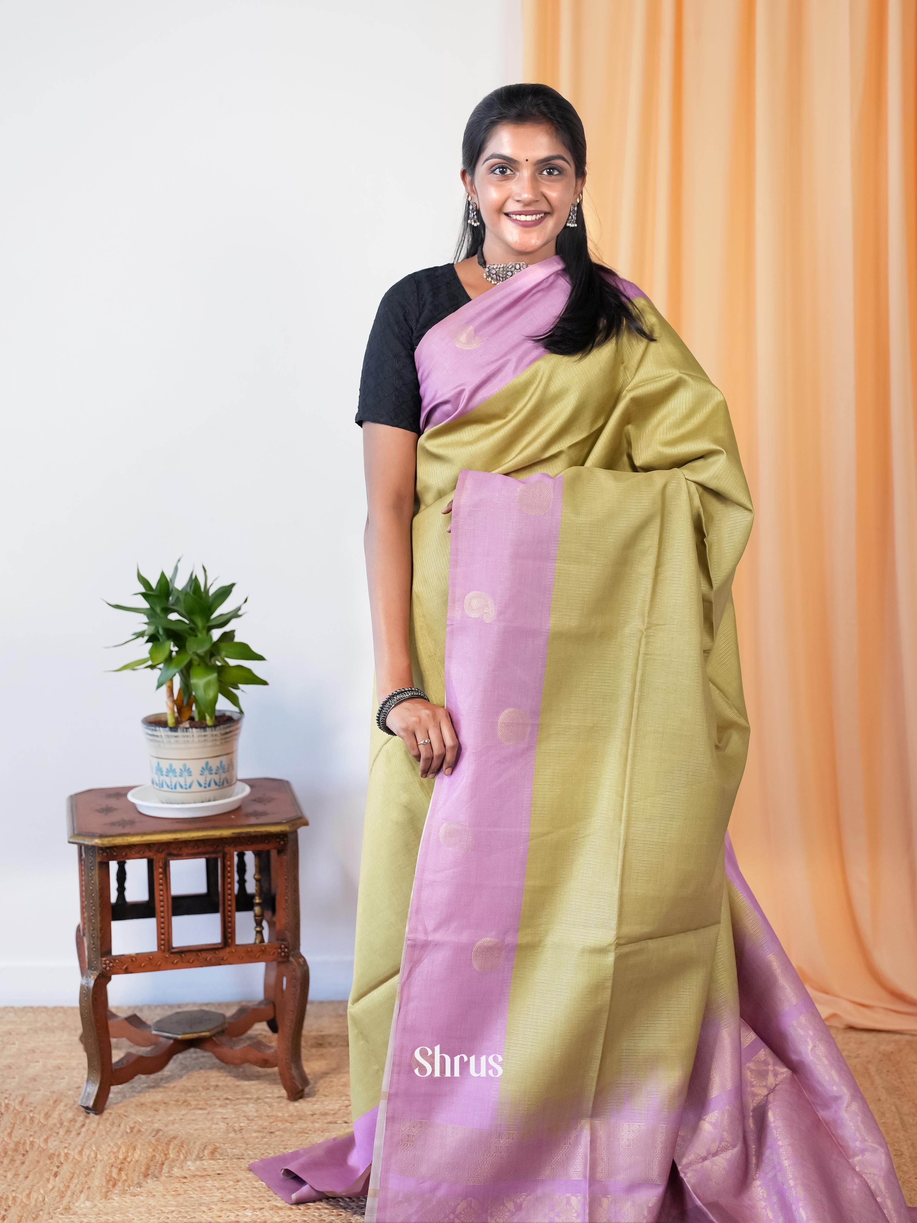 Green & Pink - Semi Tussar Saree - Shop on Shrus.com