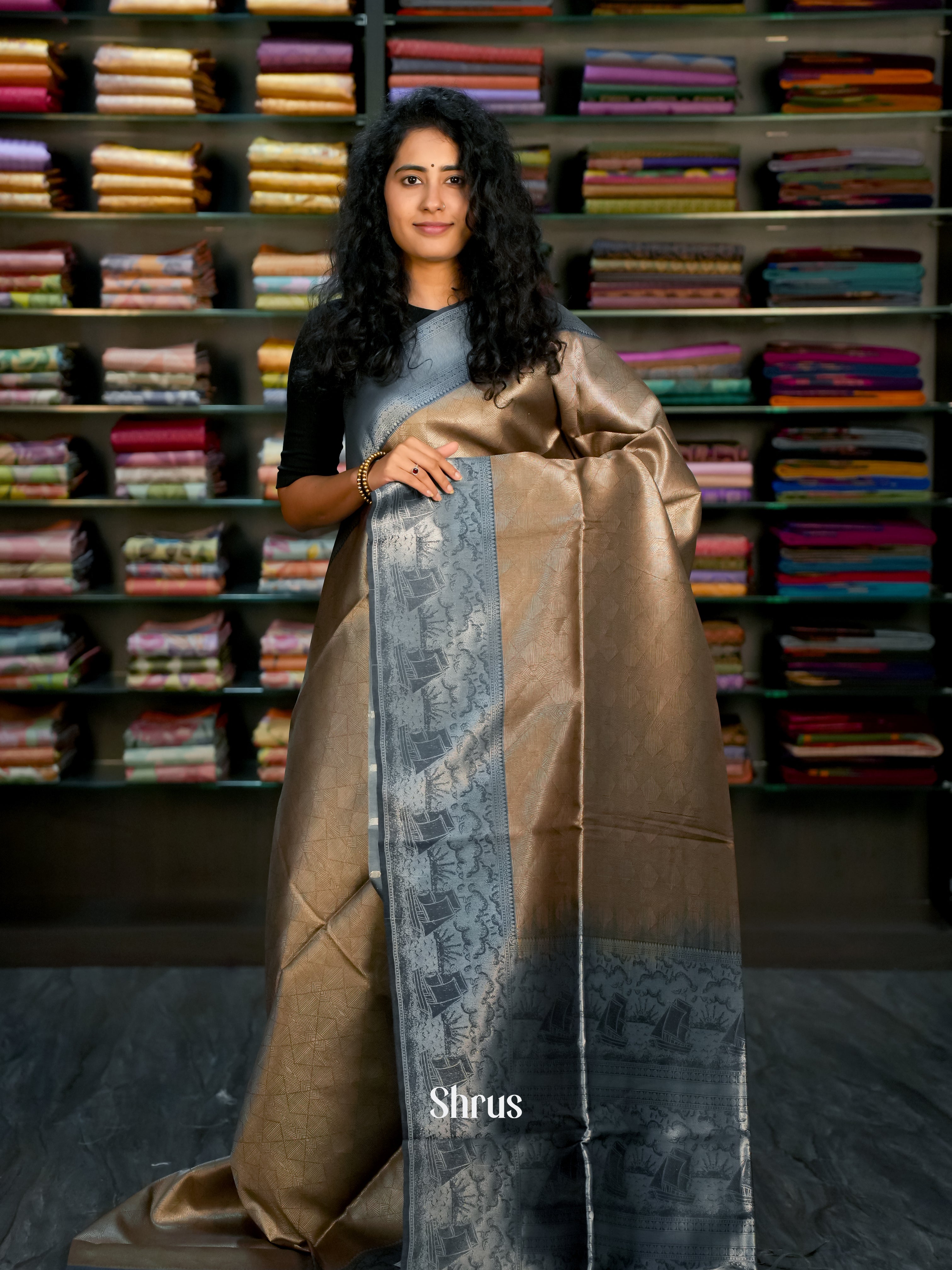 Golden Brown & Black - Semi Tussar Saree - Shop on Shrus.com