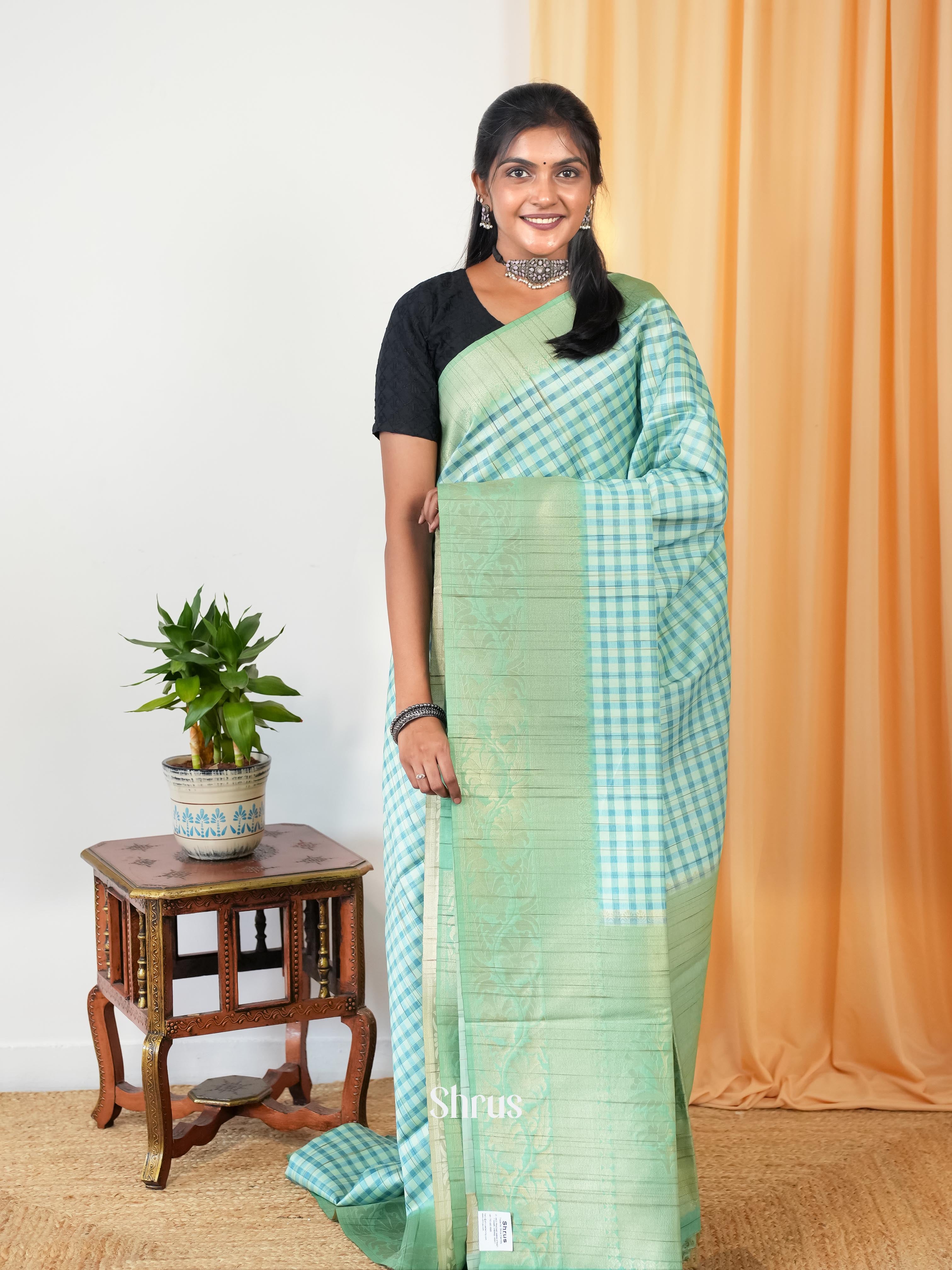 Teal & Cream - Semi Tussar Saree - Shop on Shrus.com
