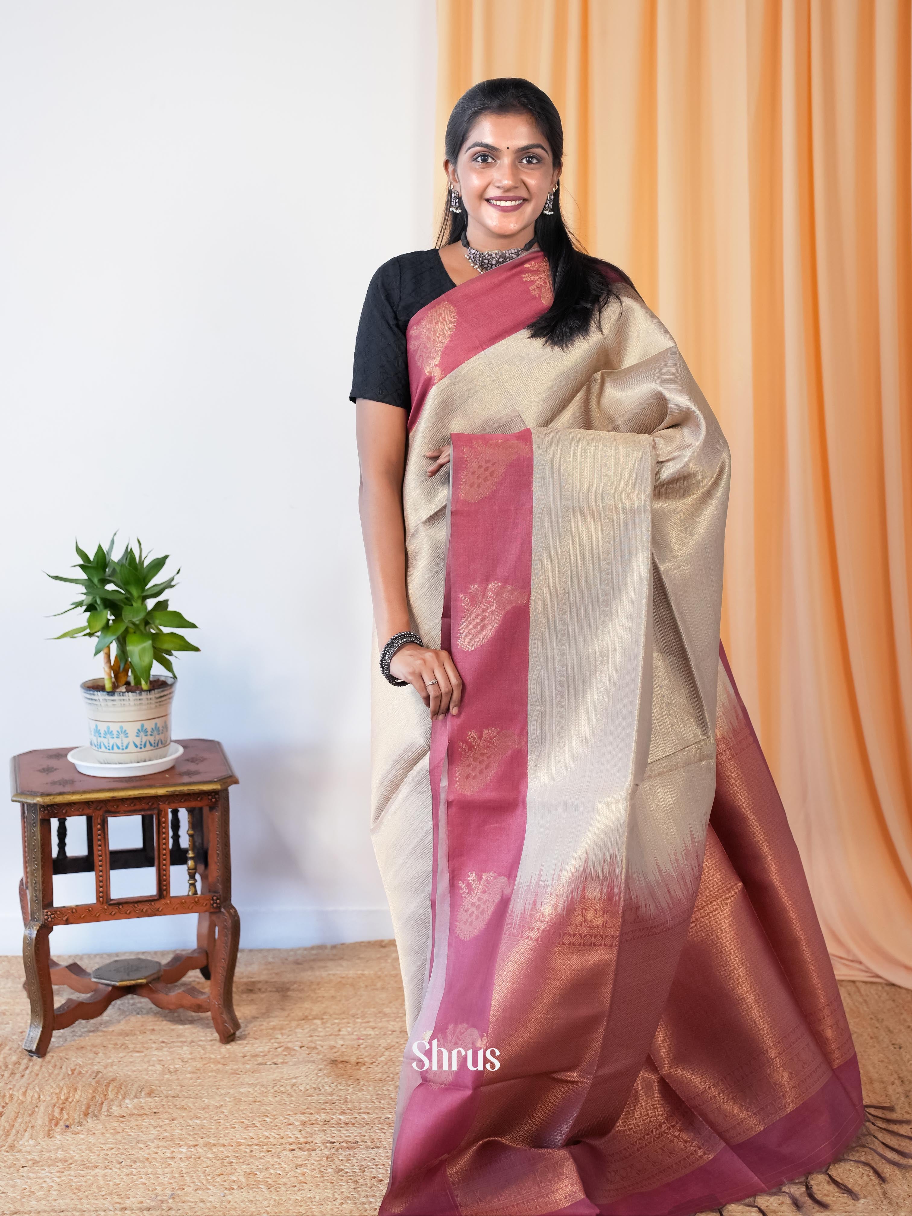 grey & Pink - Semi Tussar Saree - Shop on Shrus.com