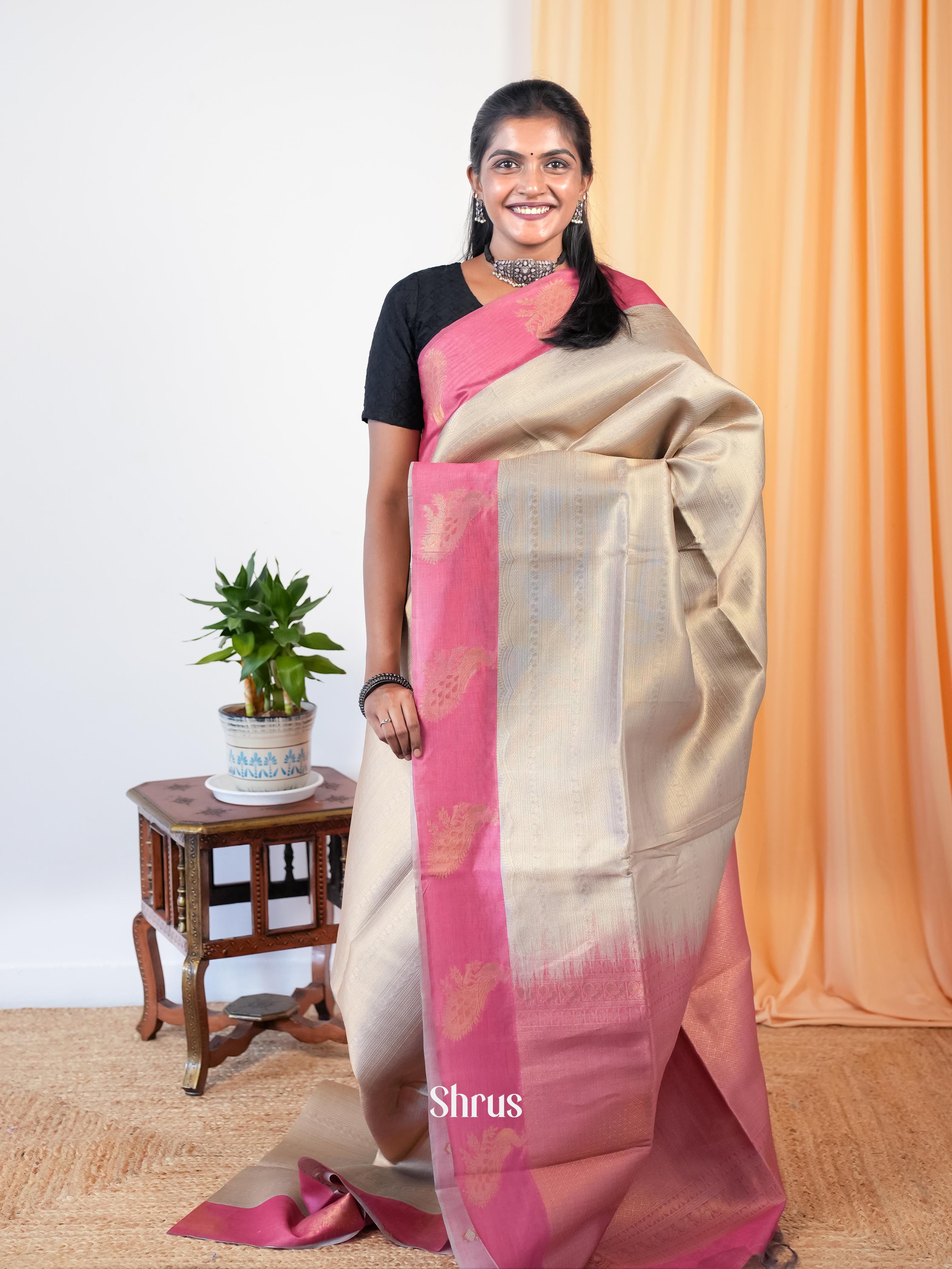 Grey & Pink - Semi Tussar Saree - Shop on Shrus.com