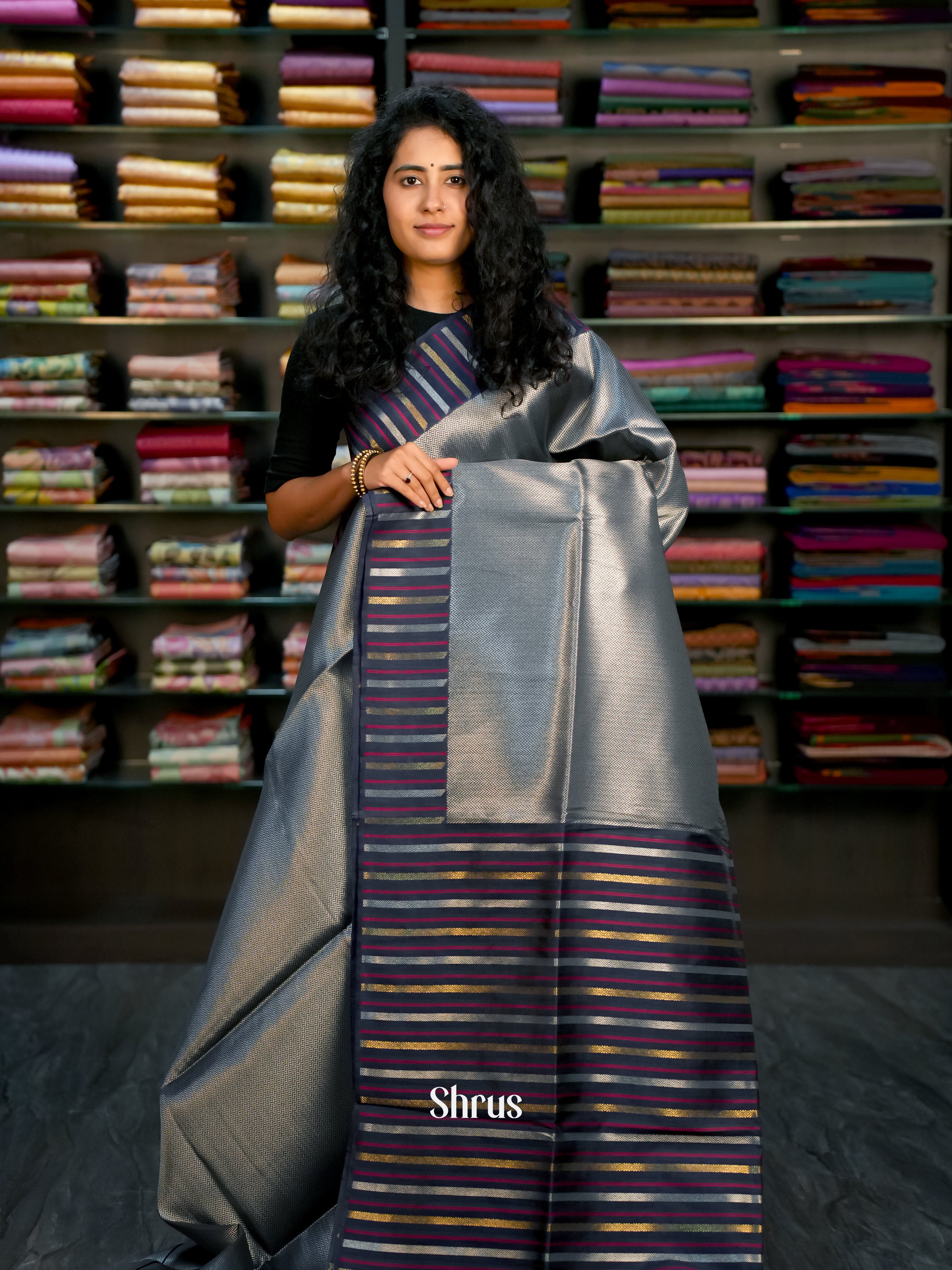 Grey & Blue - Semi Tussar Saree - Shop on Shrus.com