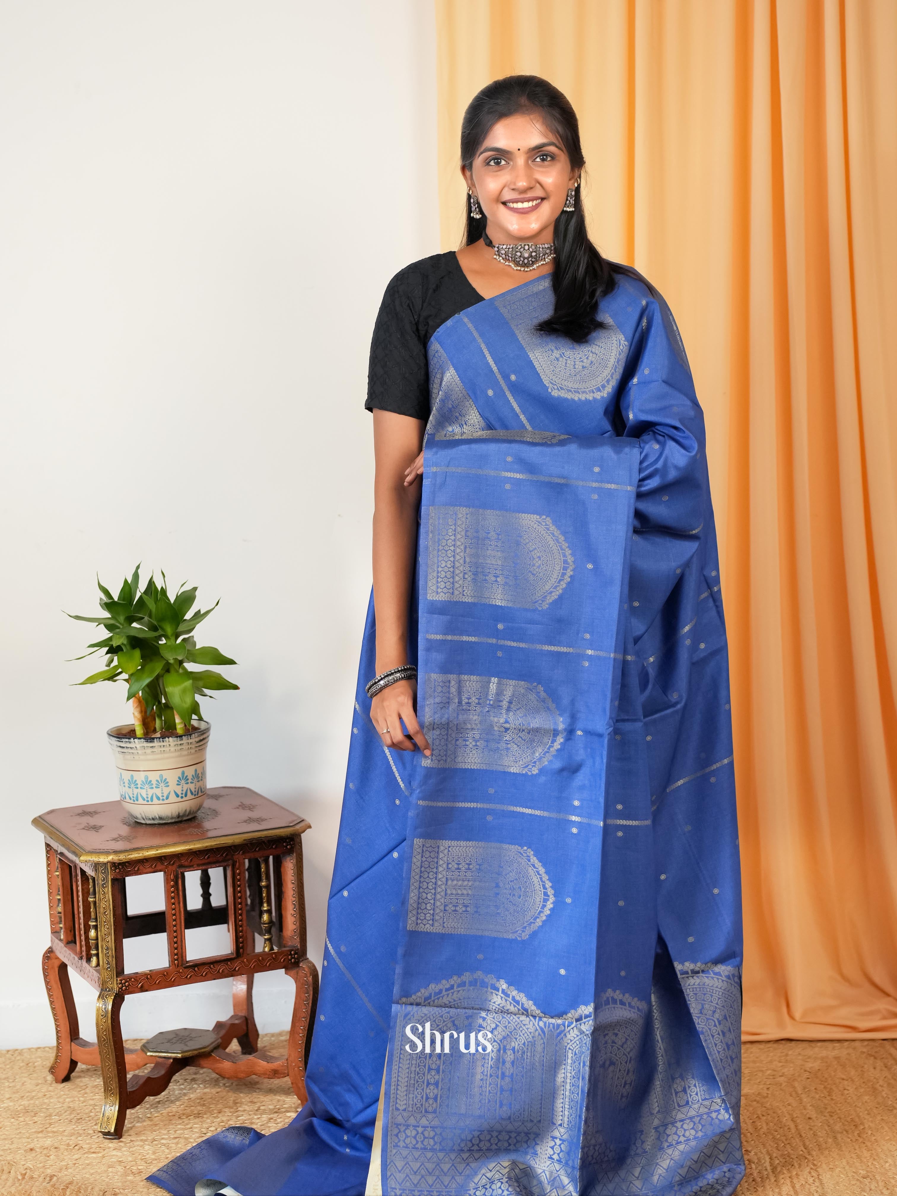 Blue & Gold - Semi Tussar Saree - Shop on Shrus.com