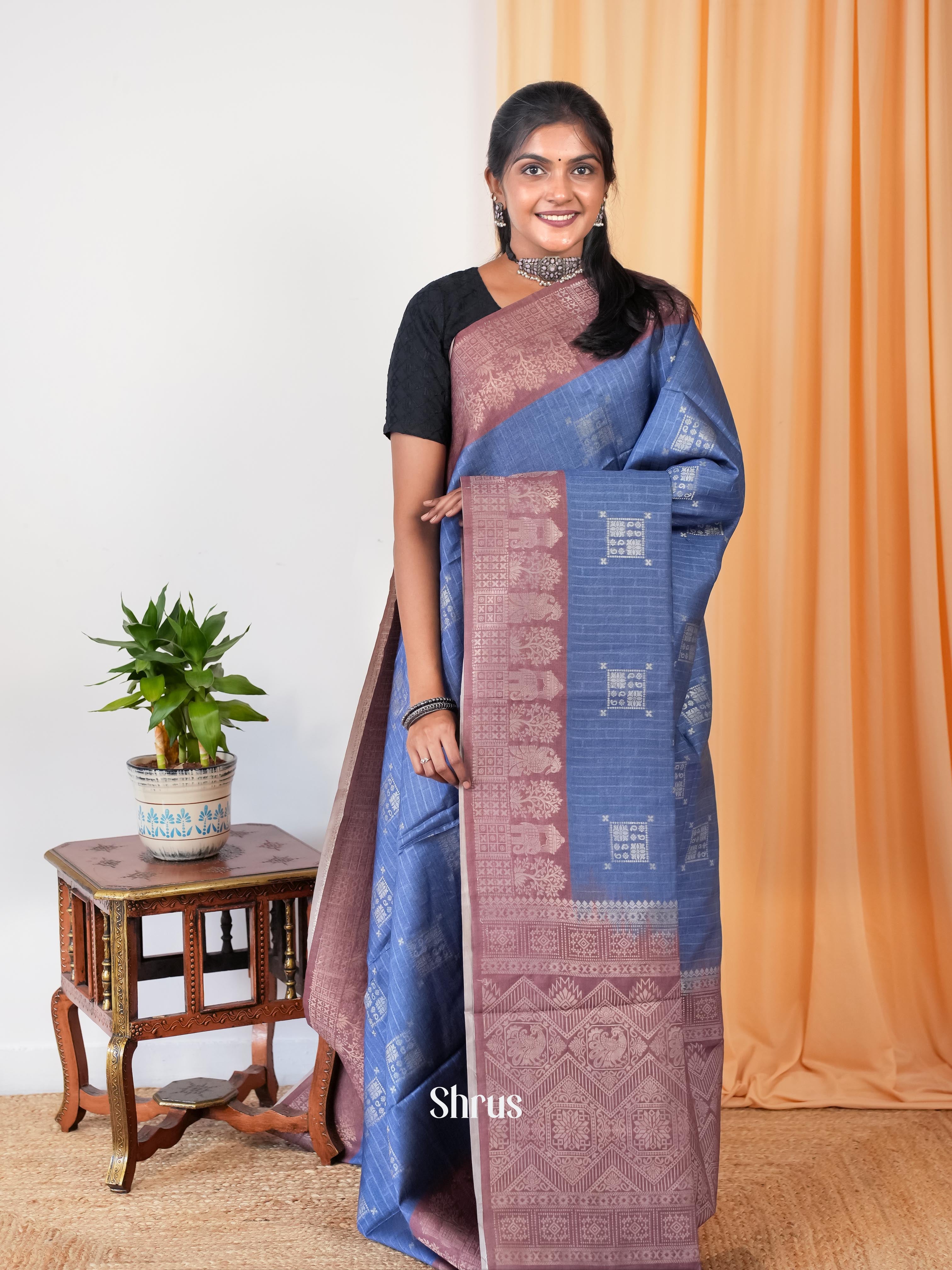 Blue & Brown - Semi Tussar Saree - Shop on Shrus.com