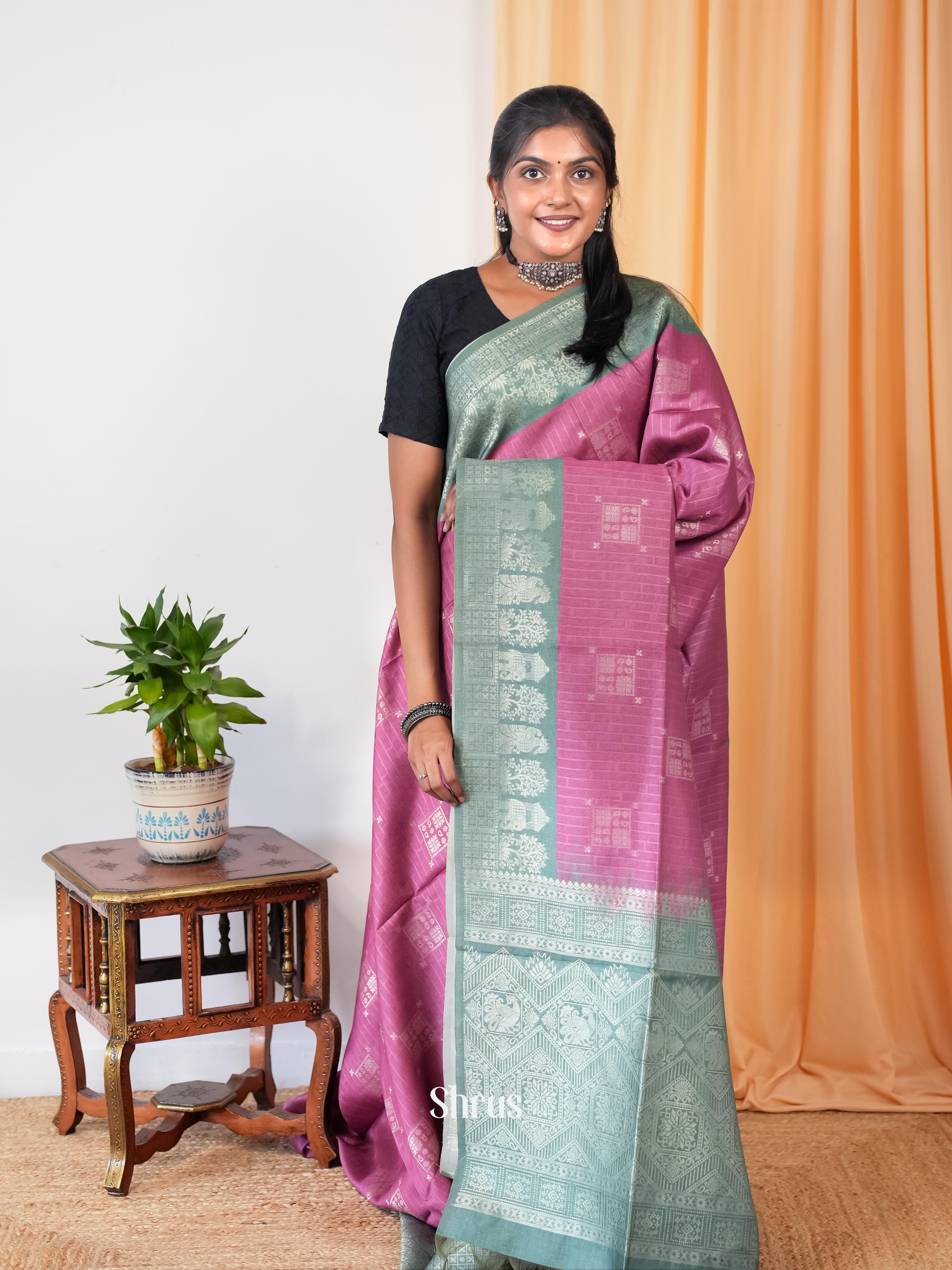 Pink & grey - Semi Tussar Saree - Shop on Shrus.com