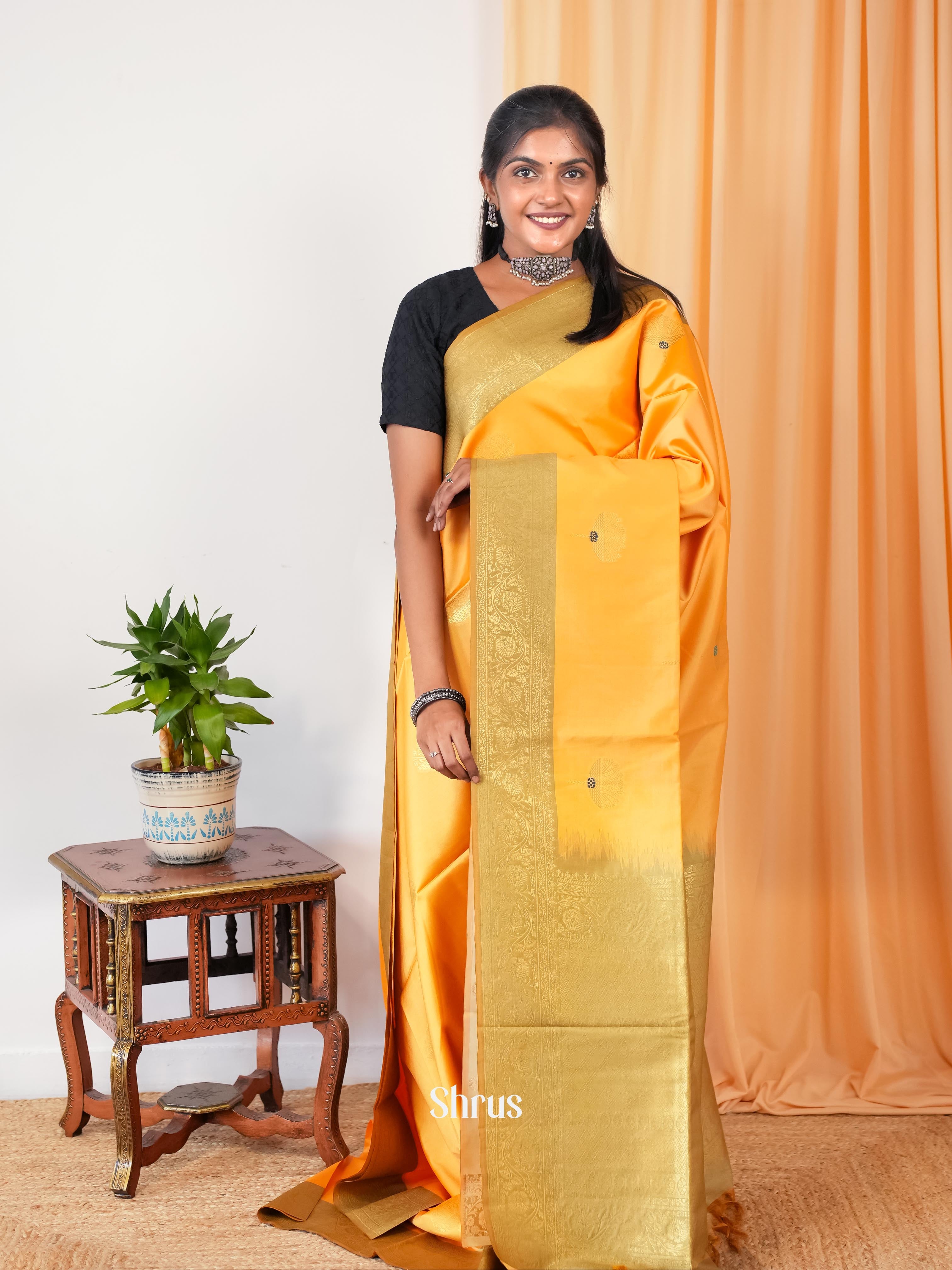 Mustardy Orange & Gold - Semi Tussar Saree - Shop on Shrus.com