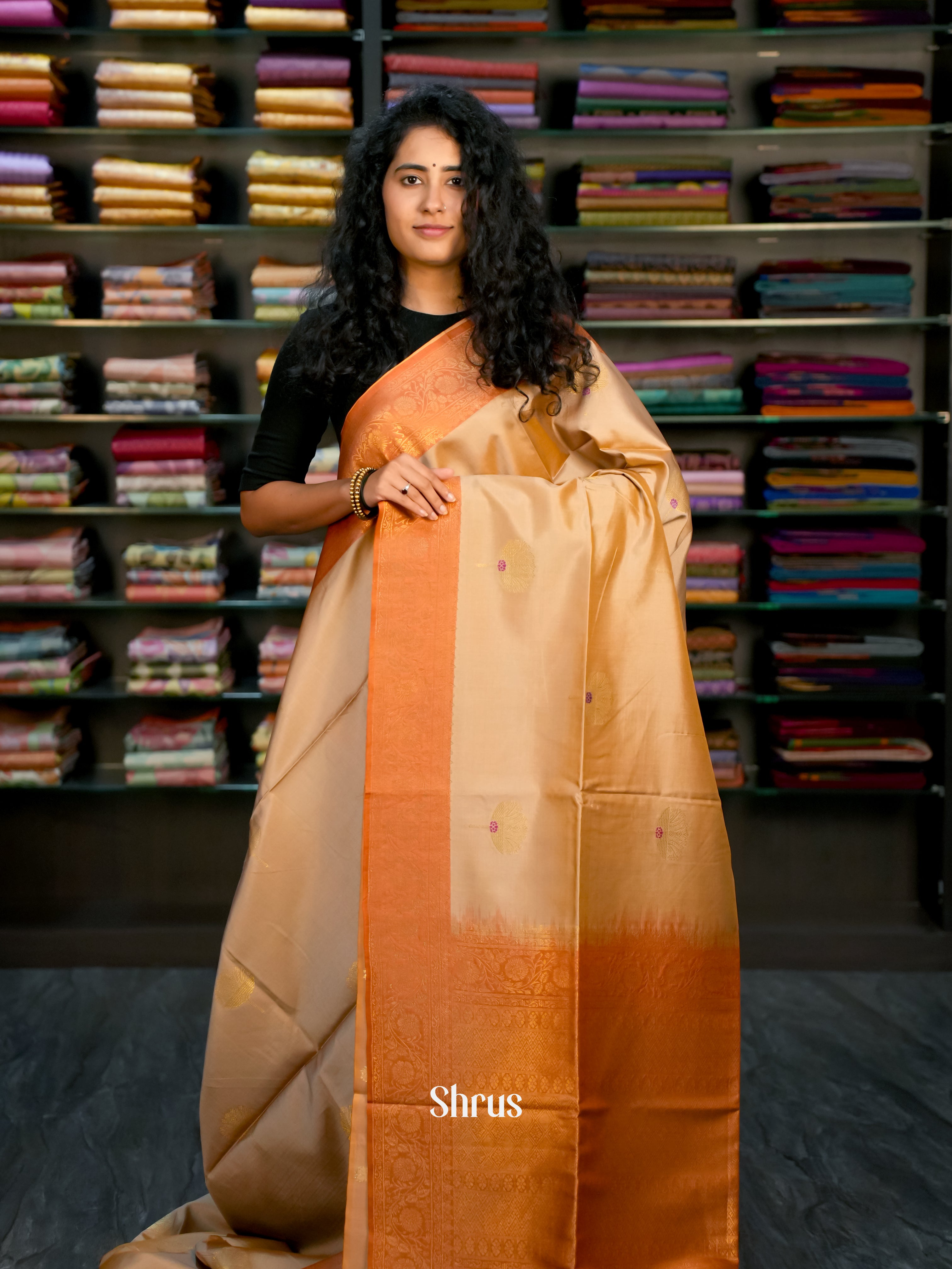 Goldish Brown & Brick - Semi Tussar Saree - Shop on Shrus.com