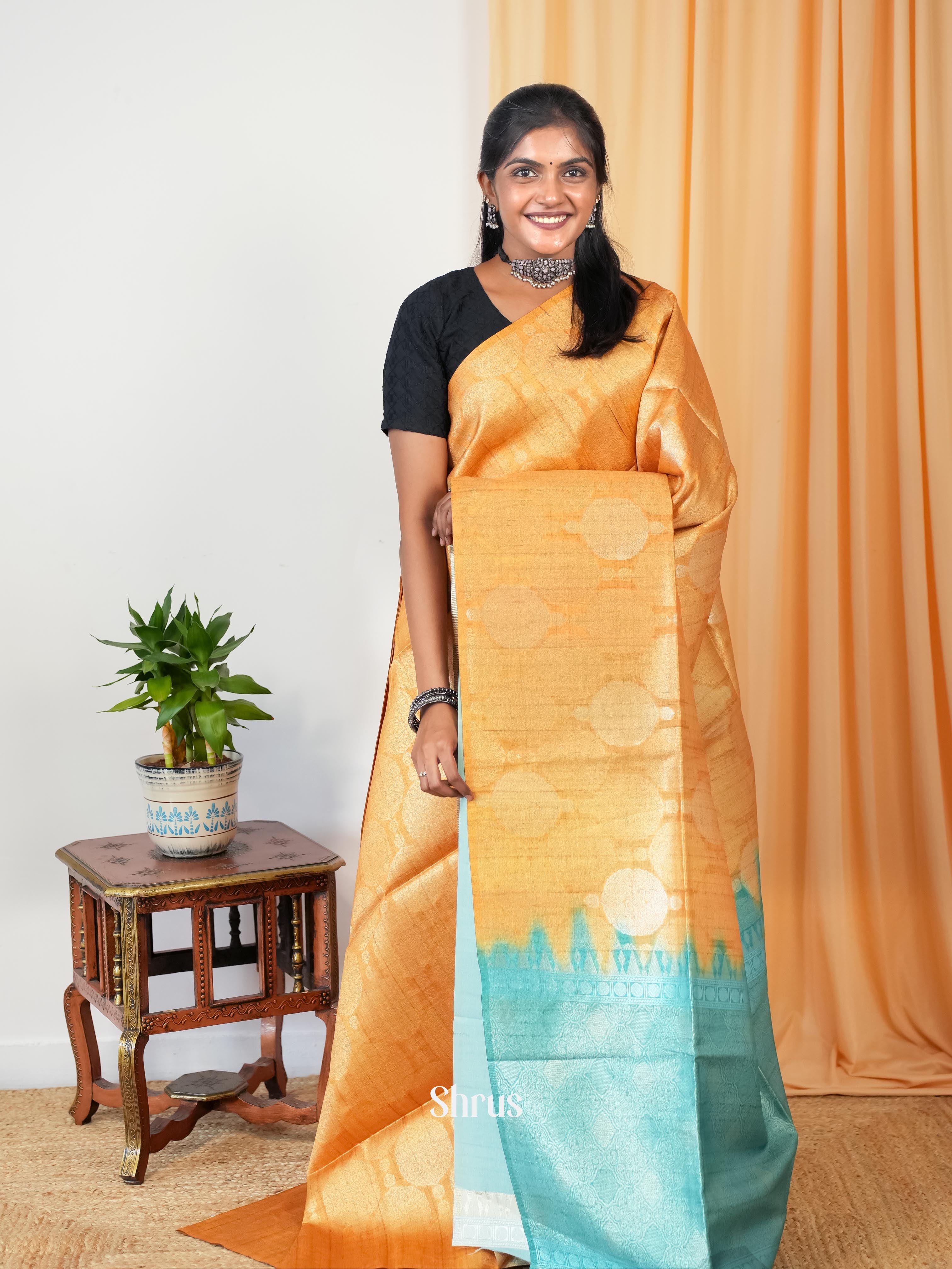 Orange & Blue - Semi Tussar Saree - Shop on Shrus.com