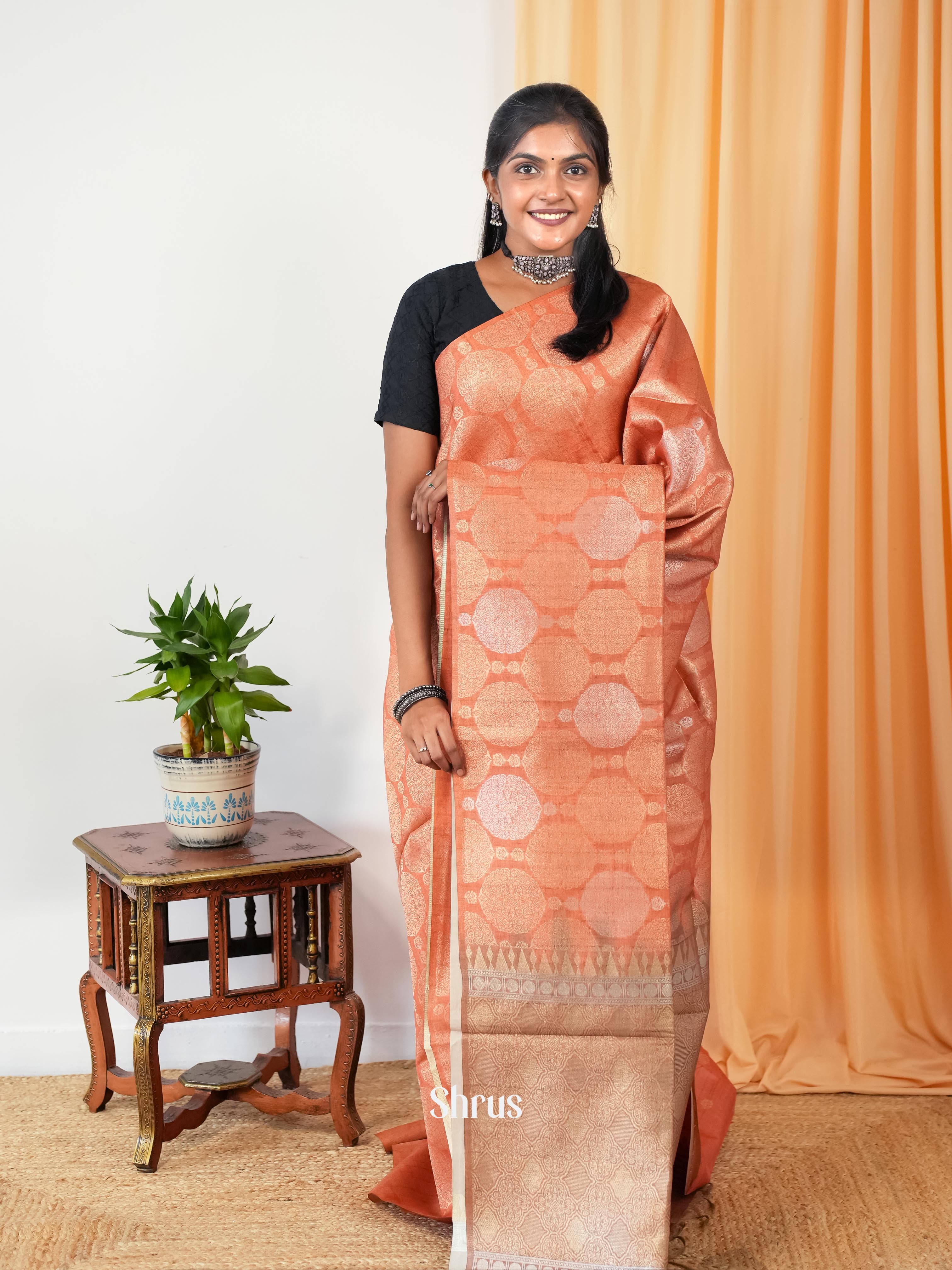 Brick & Brown - Semi Tussar Saree - Shop on Shrus.com
