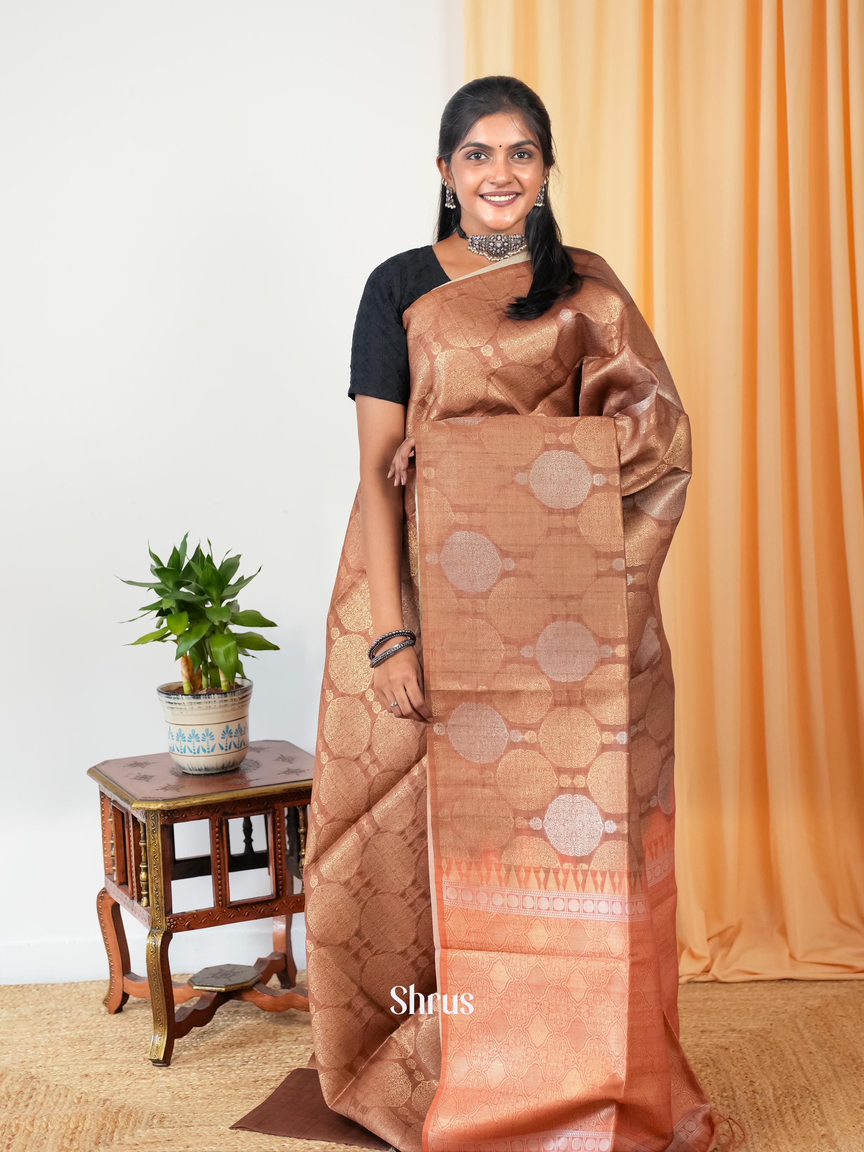 Brown & Brick - Semi Tussar Saree - Shop on Shrus.com