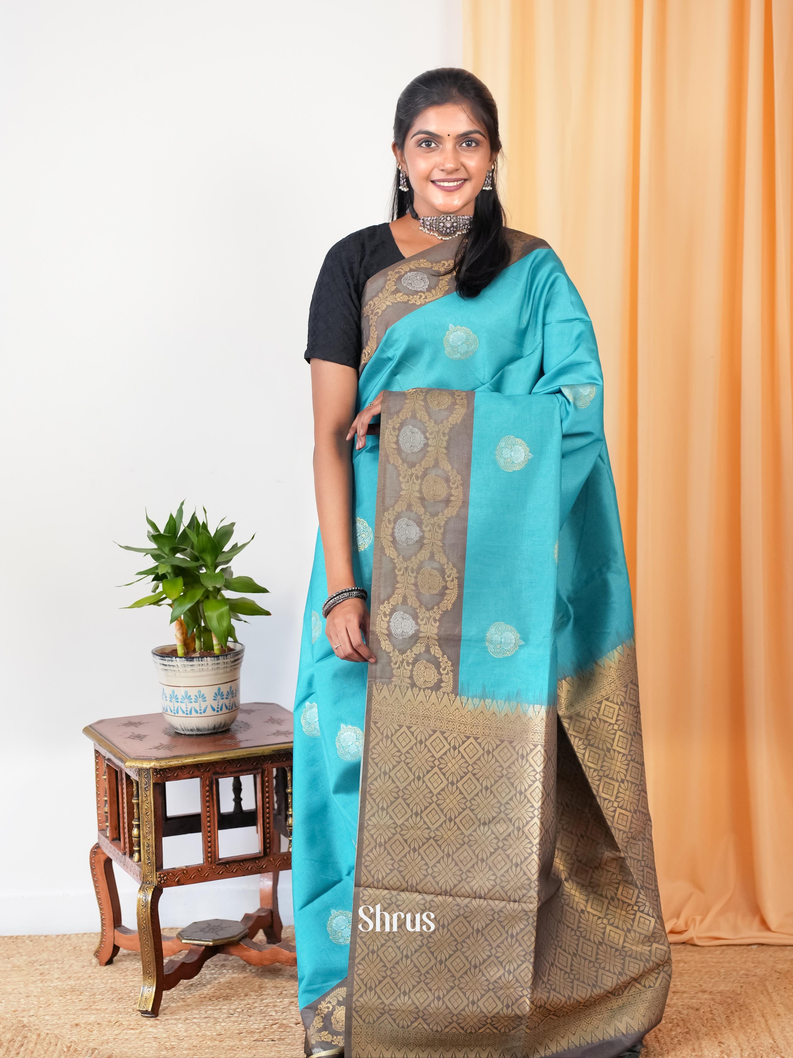 Teal Blue & Grey- Semi Tussar Saree - Shop on Shrus.com