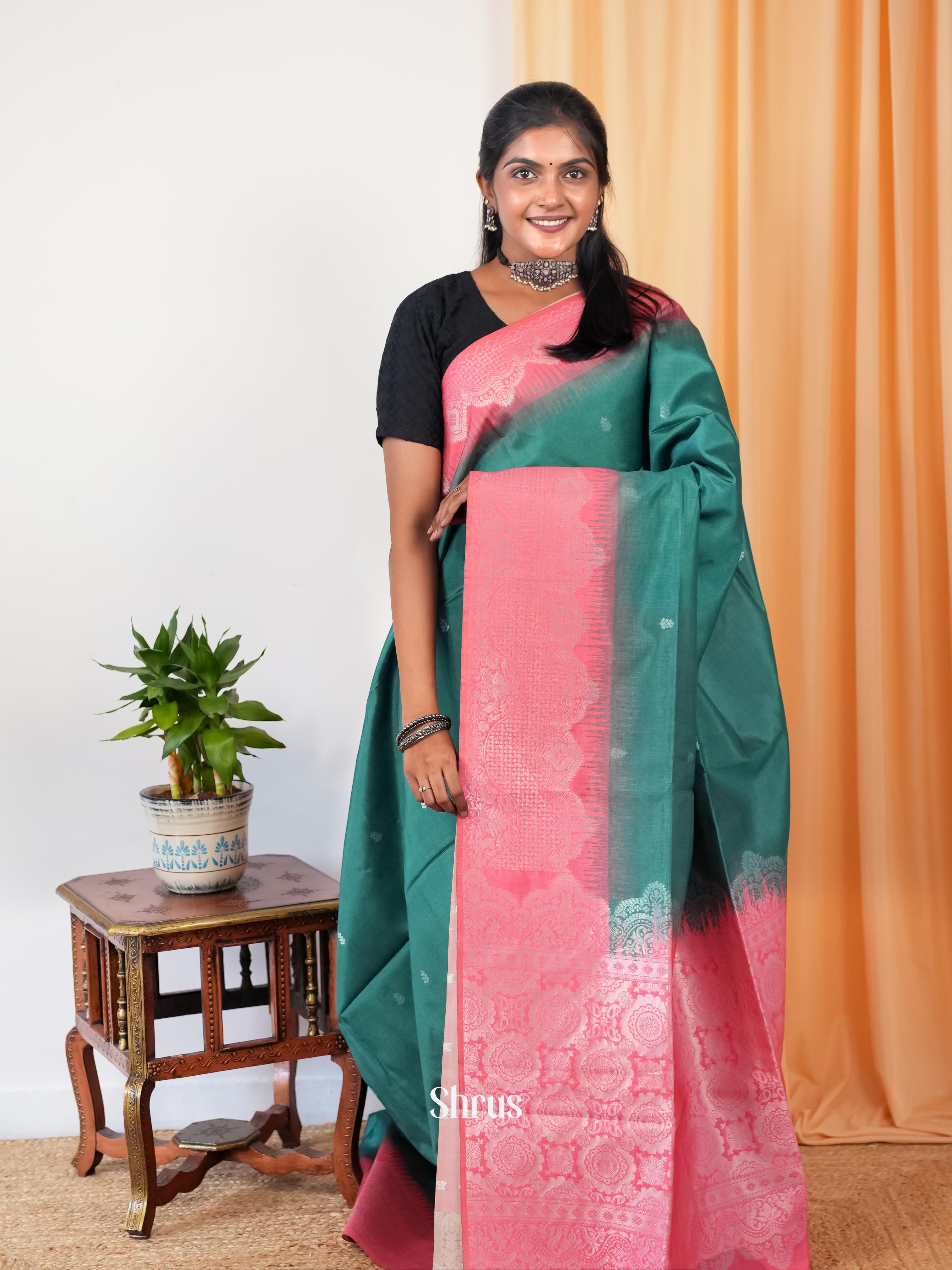 Green & Pink - Semi Tussar Saree - Shop on Shrus.com