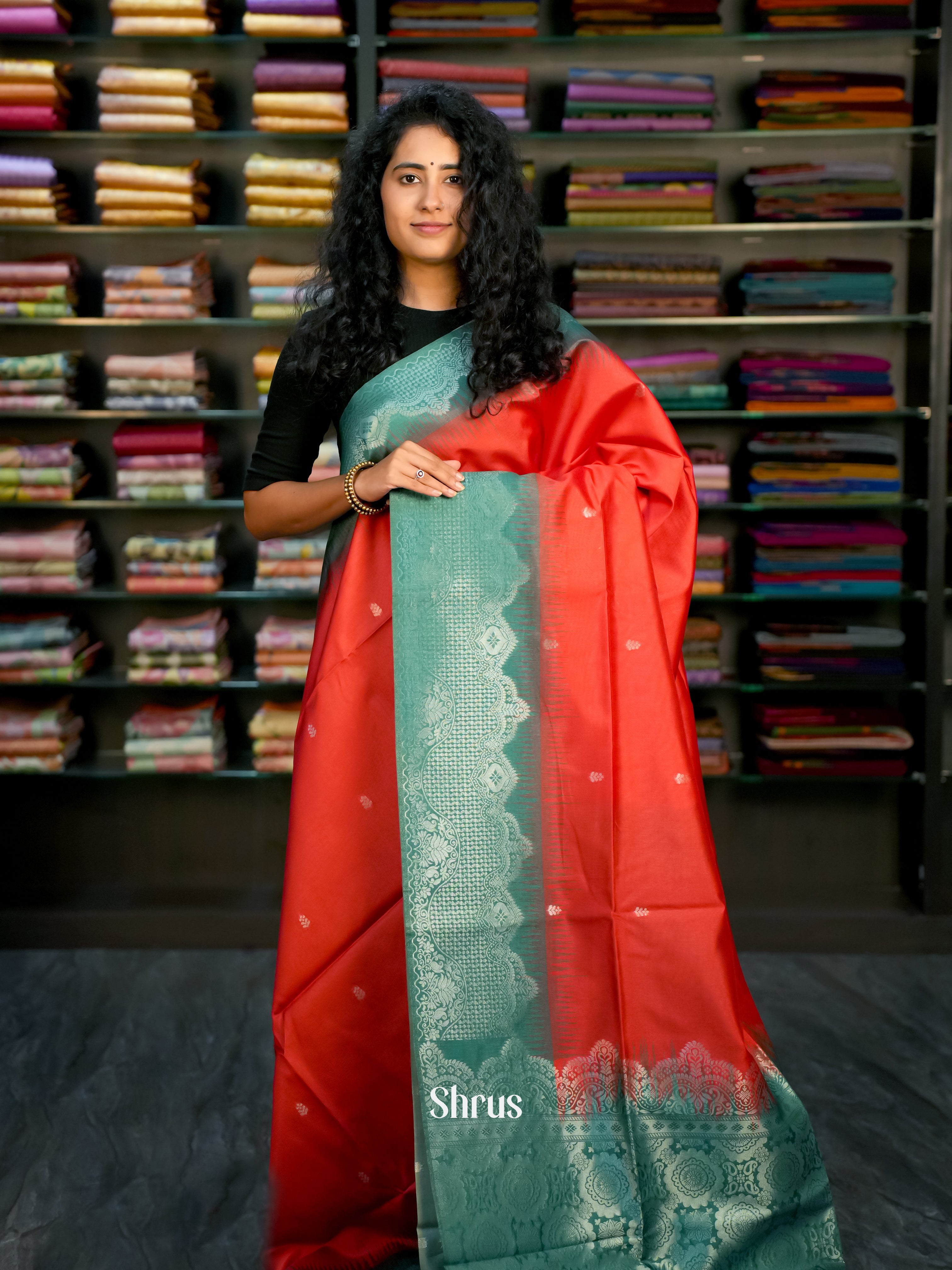 Red & Green - Semi Tussar Saree - Shop on Shrus.com