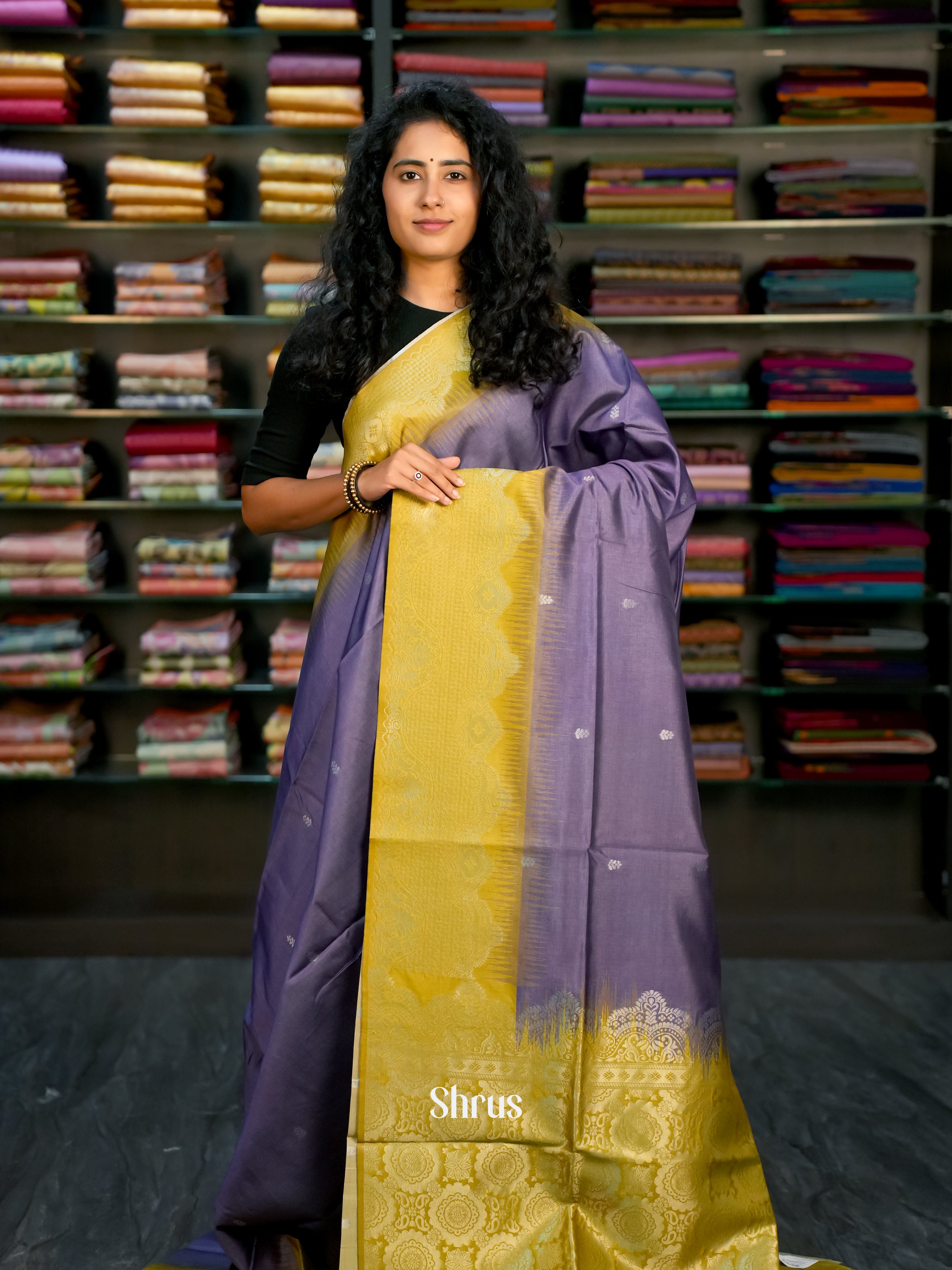 Purple & Mehandi Green- Semi Tussar Saree - Shop on Shrus.com
