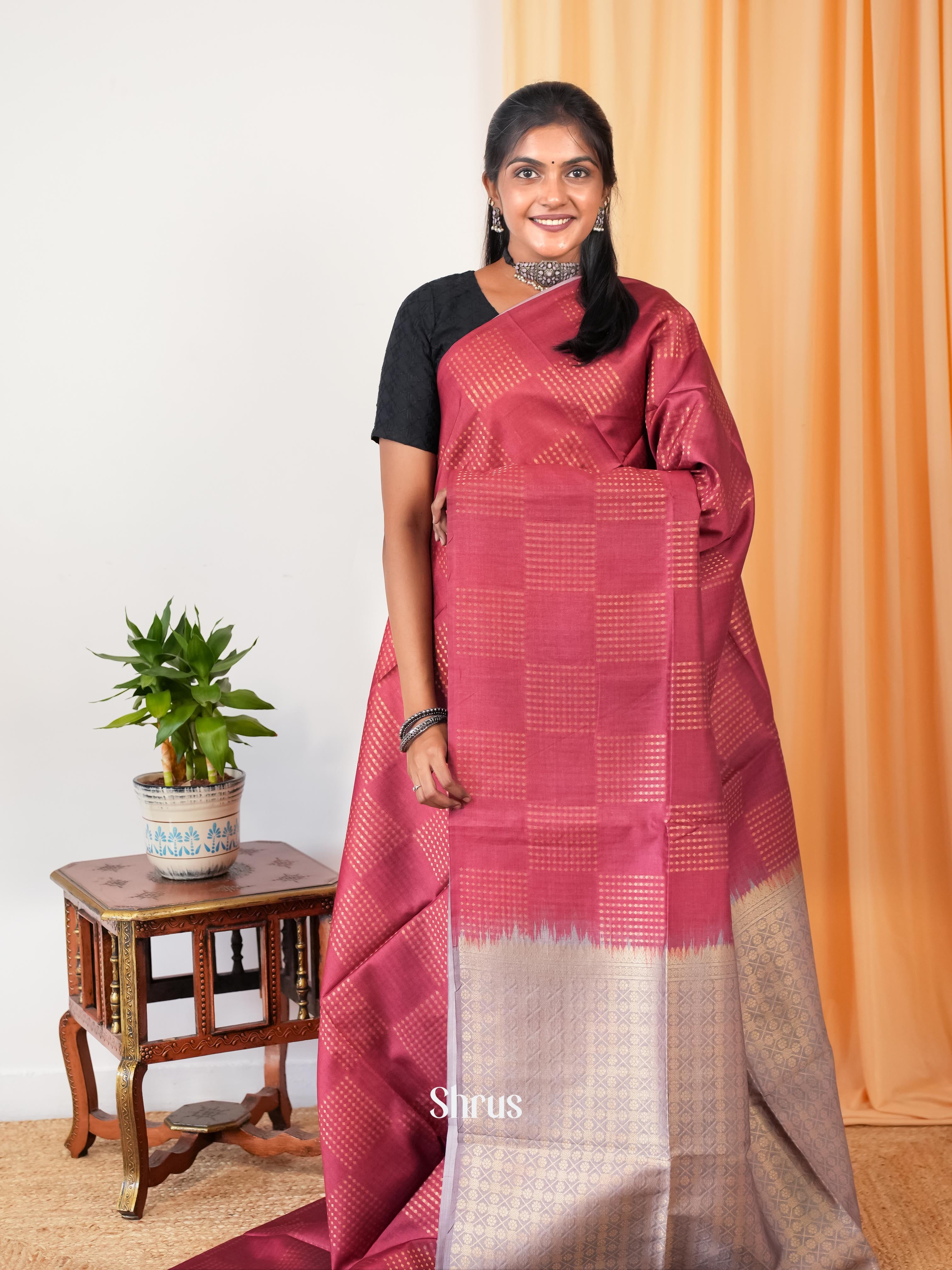 Maroon & Grey - Semi Tussar Saree - Shop on Shrus.com