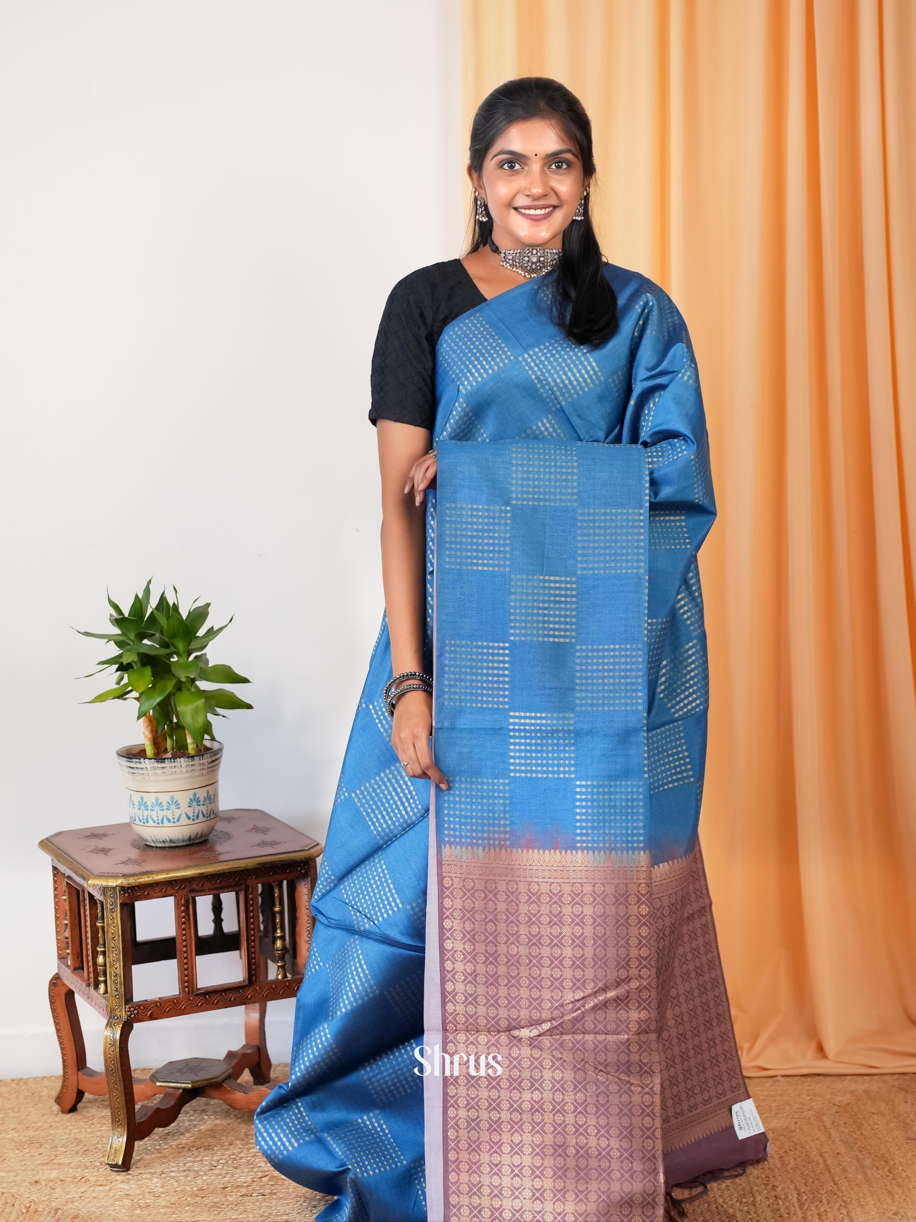 Blue & Purple - Semi Tussar Saree - Shop on Shrus.com
